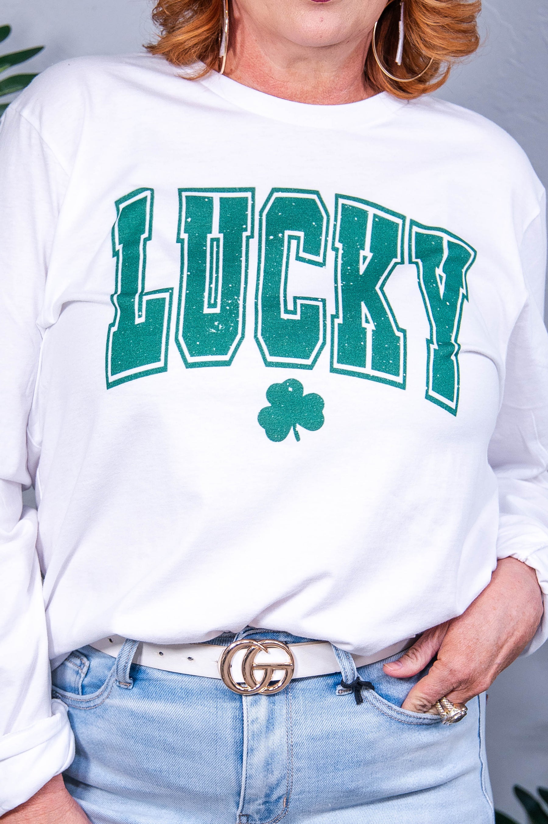 Lucky White Clover Printed Long Sleeve Graphic Tee - A3955WH