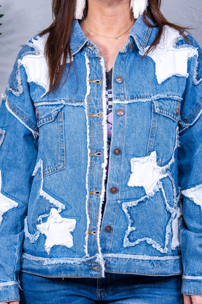 Stars In My Eyes Medium Denim/White Star Printed Frayed Jacket - O5713DN