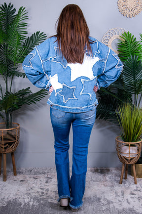 Stars In My Eyes Medium Denim/White Star Printed Frayed Jacket - O5713DN