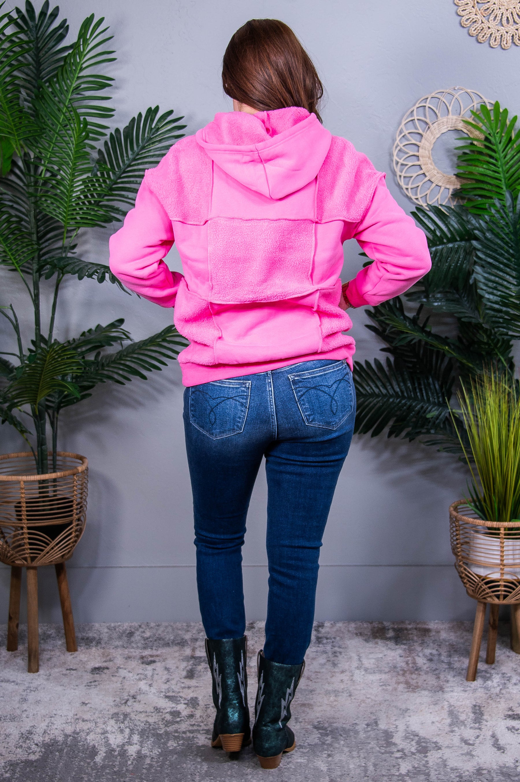 Let's Talk About Me Pitaya Pink Mineral Wash Terry Patchwork Drawstring Hooded Top