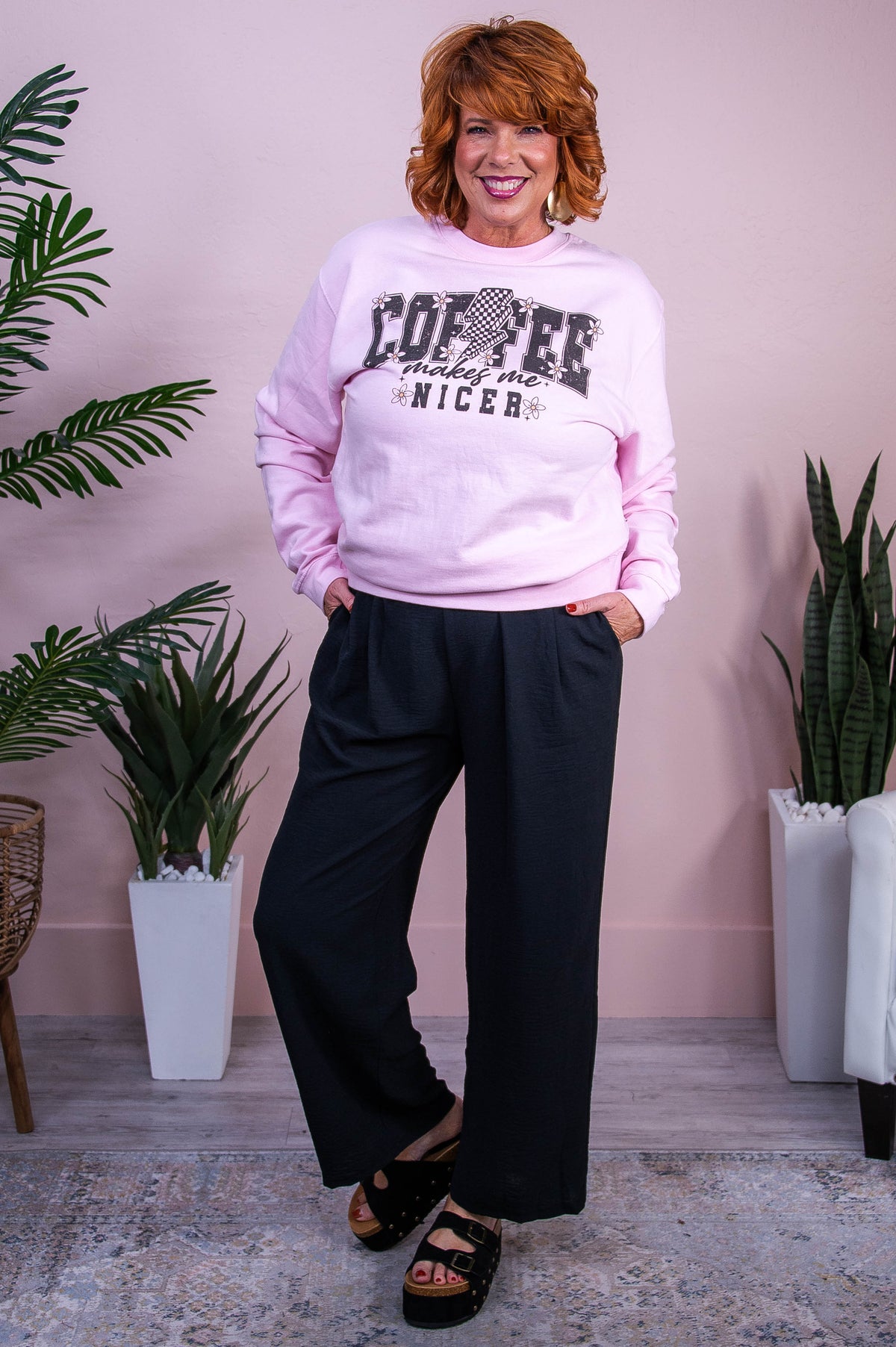 Coffee Makes Me Nicer Light Pink Graphic Sweatshirt - A3560LPK