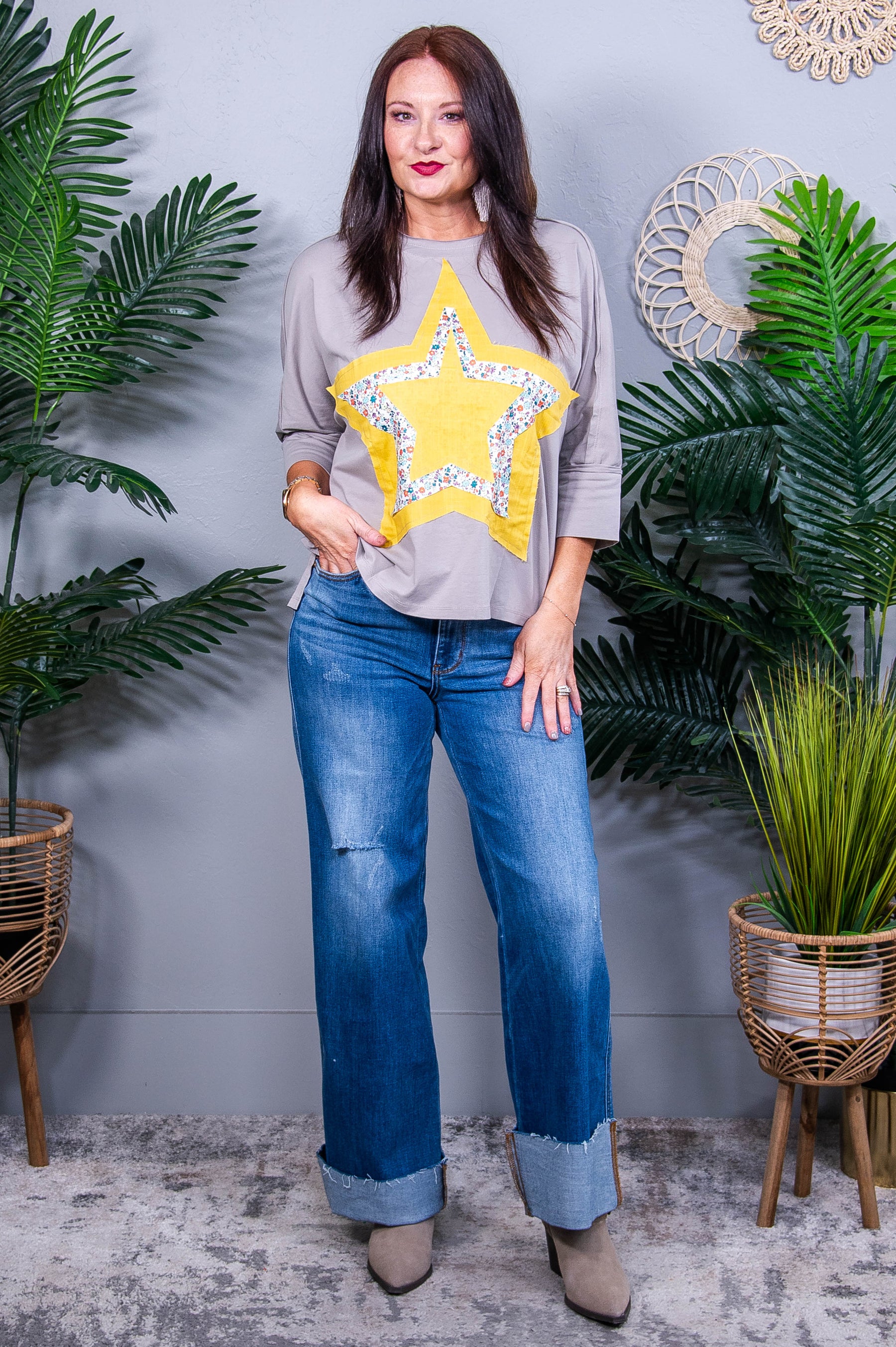 Waiting On A Shooting Star Medium Grey Floral/Star Top