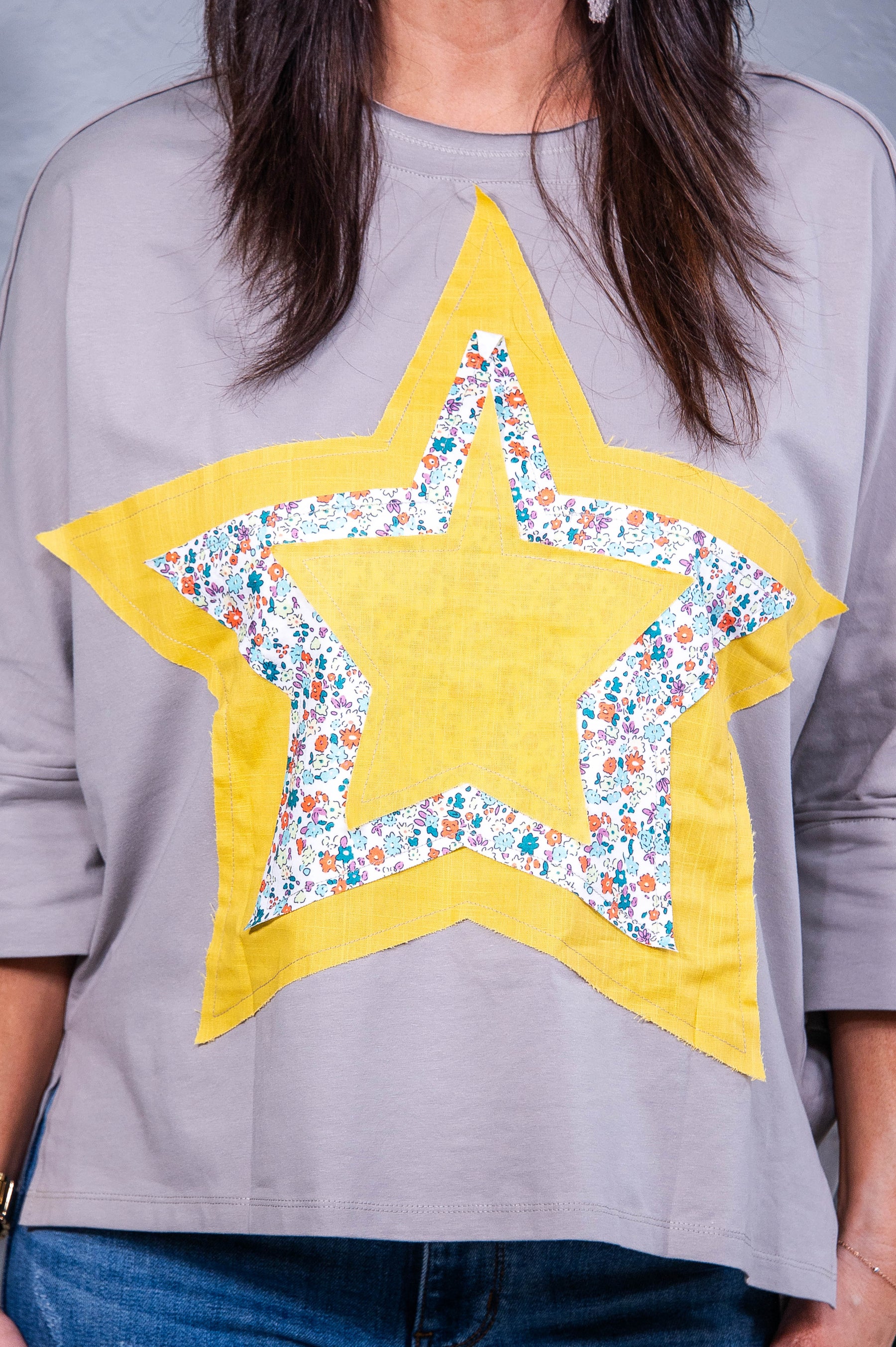 Waiting On A Shooting Star Medium Grey Floral/Star Top