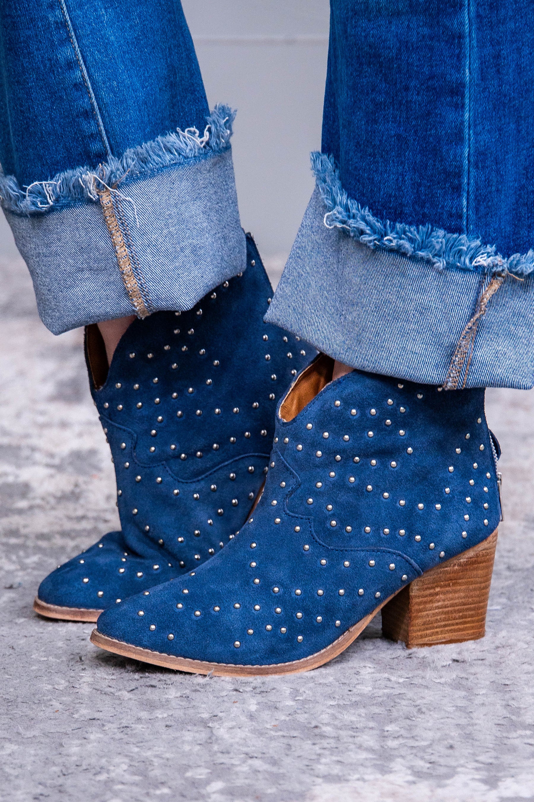 Twilight Studded Heeled Ankle Boot in Denim