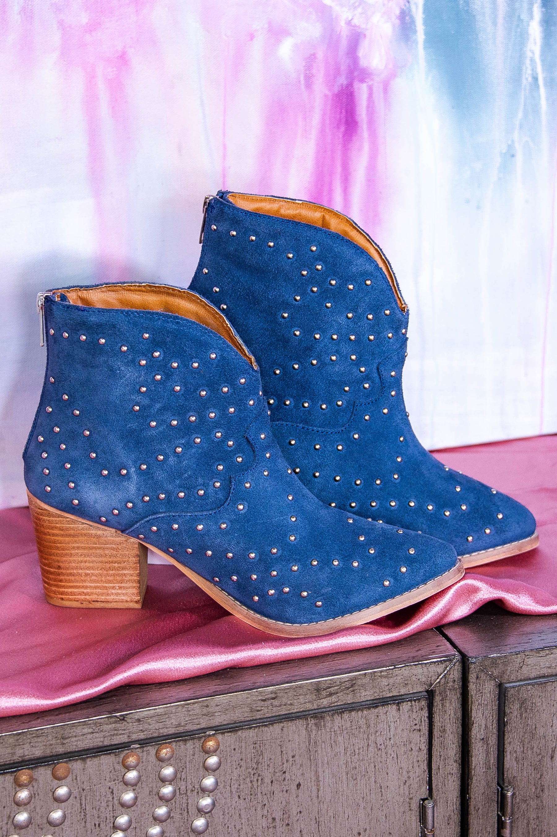 Twilight Studded Heeled Ankle Boot in Denim