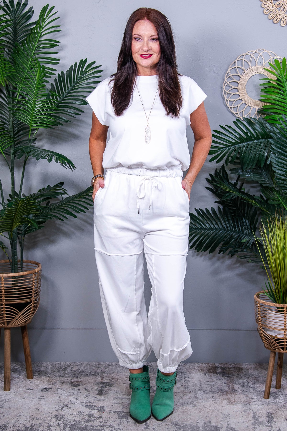 Always On The Go White Solid 2 Piece Top/Pant Set - T10851WH