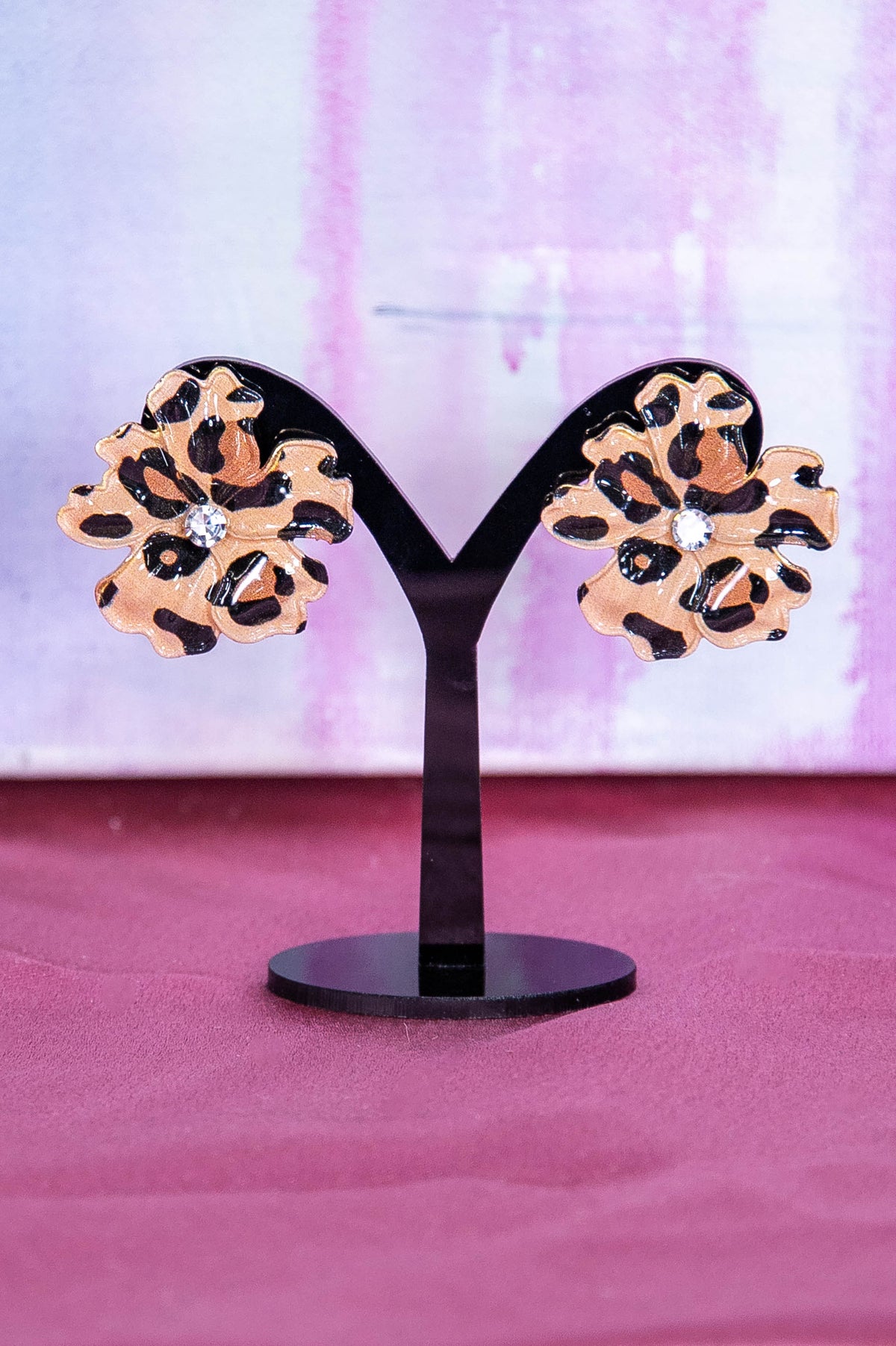 Tan/Black Printed Metal Flower Earrings - EAR4482TN