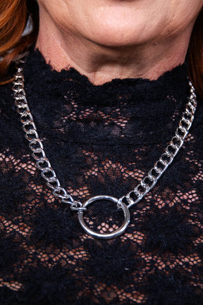 Silver Curb Chain with Ring Necklace - NEK4405SI