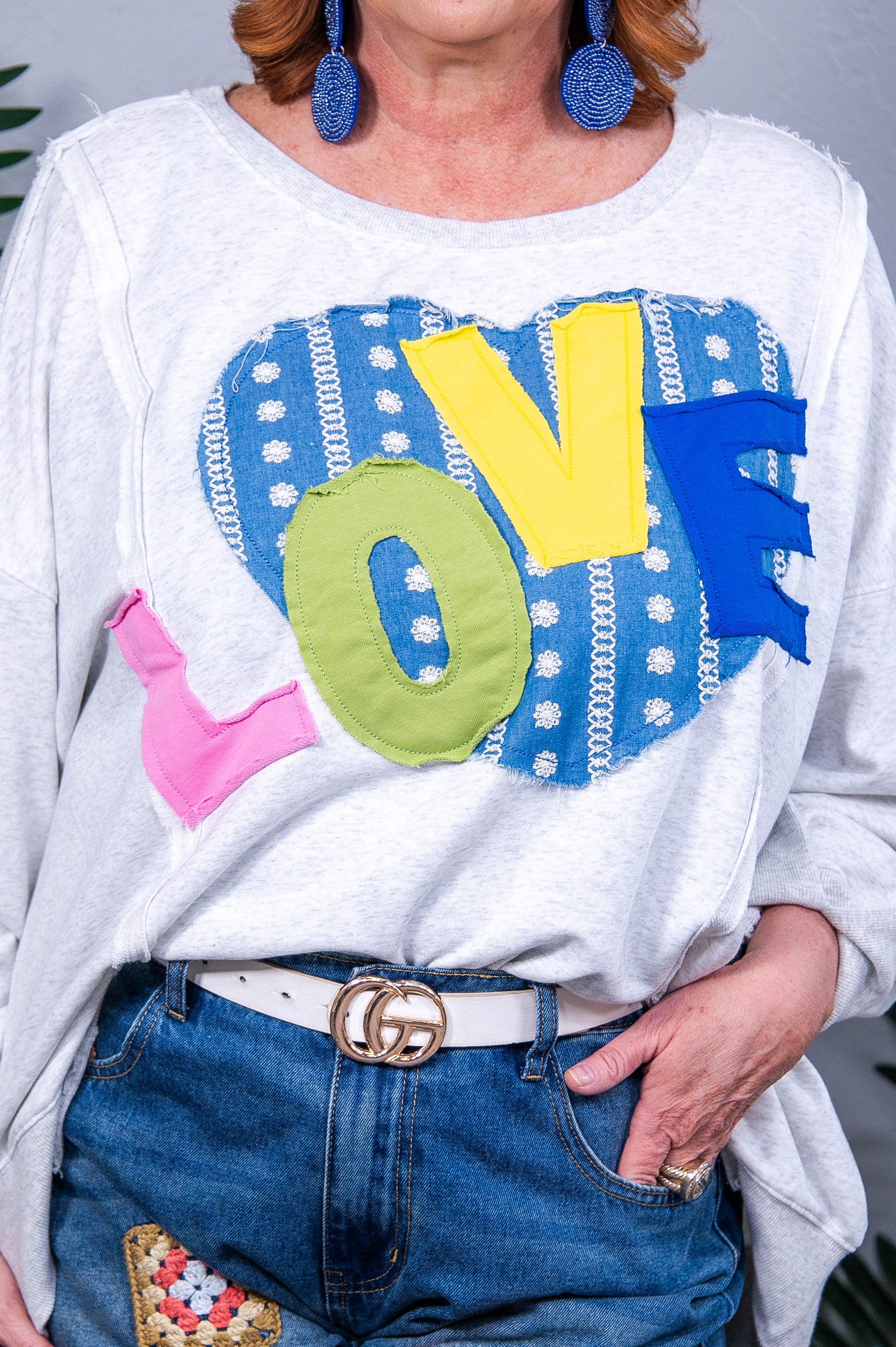 Love You More Heart Patch Slit French Terry Sweatshirt