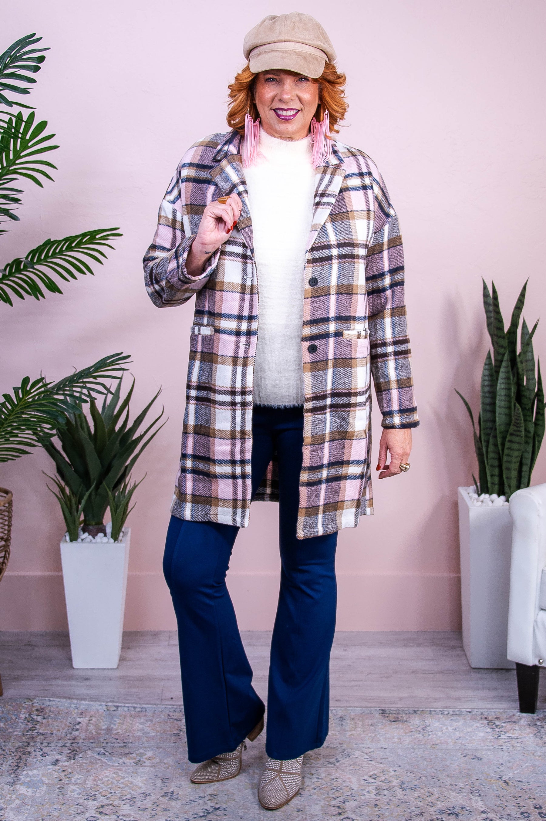 Sights To See Pink/Multi Color Plaid Long Jacket - O5546PK