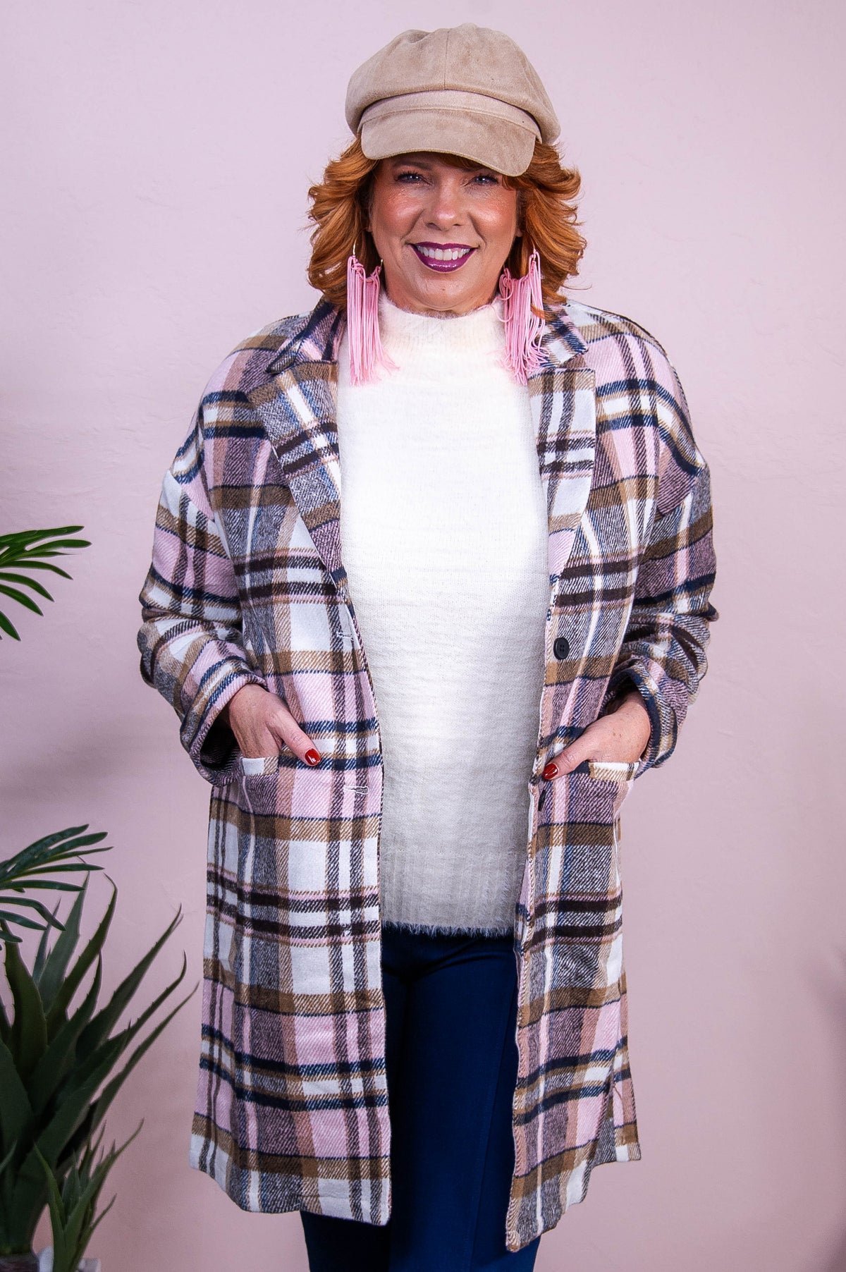 Sights To See Pink/Multi Color Plaid Long Jacket - O5546PK