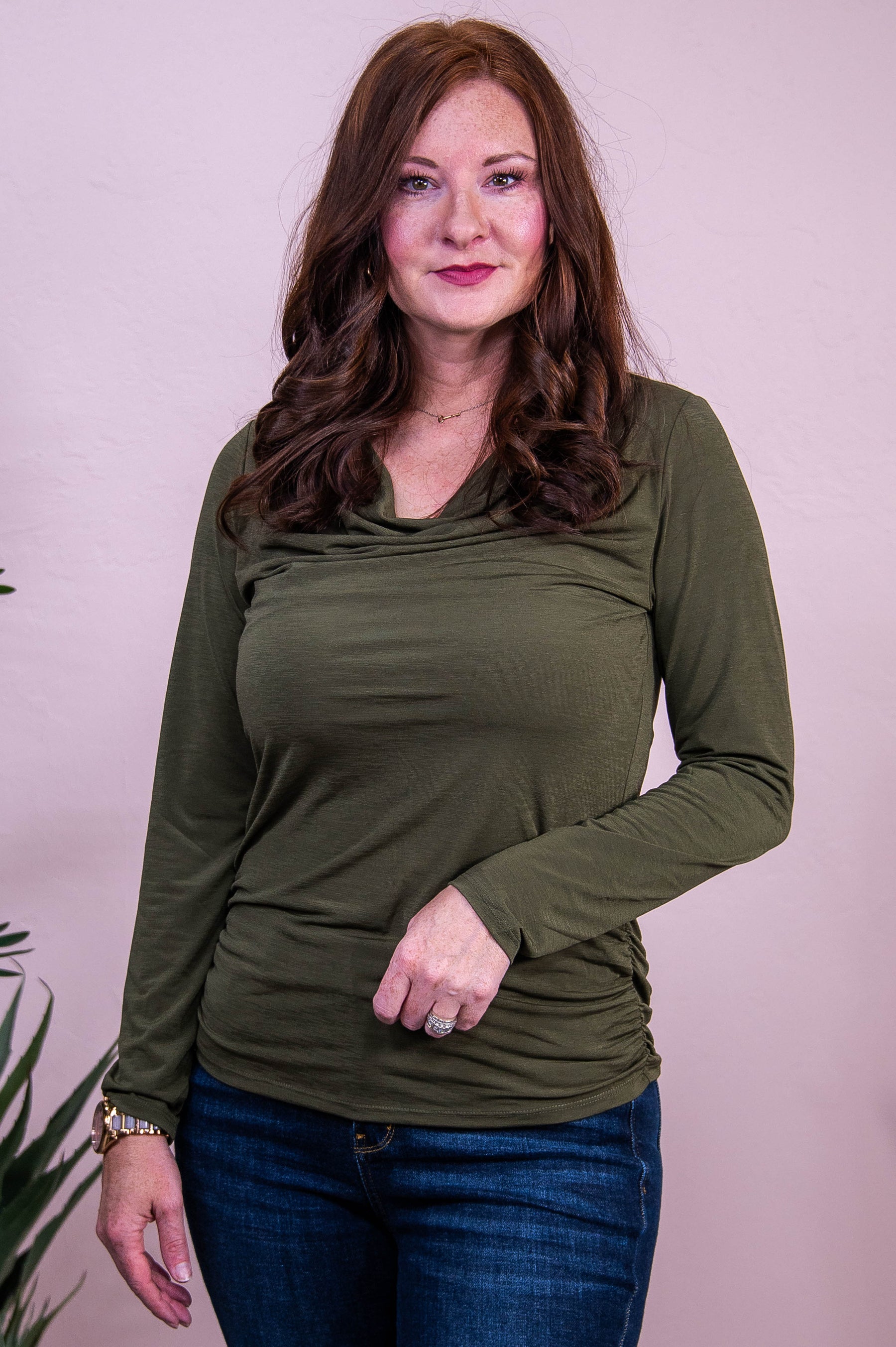 Step Into The Limelight Olive Solid Cowl Neck Top - T10350OL