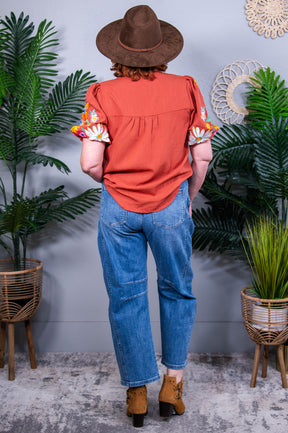 No Concerns Embroidered Sleeve Rust Top - T10892RU