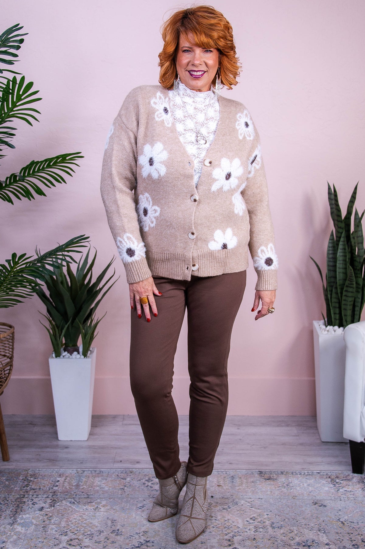 Admirable Actions Tan/Multi Color Floral Knitted Cardigan - O5545TN