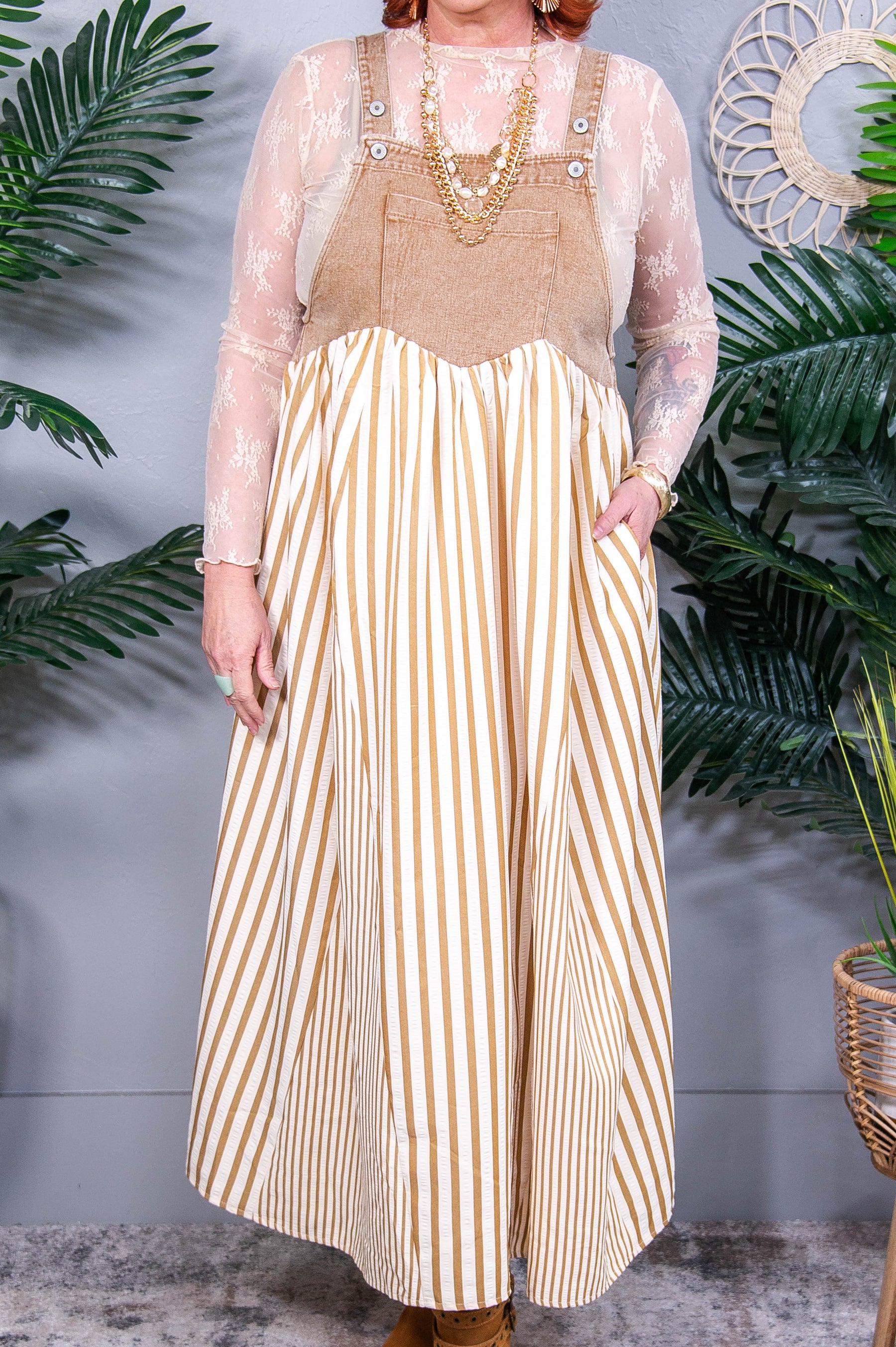 I'm Your Dream Girl Vintage Taupe/Cream Striped Overall Dress - D5588VTA