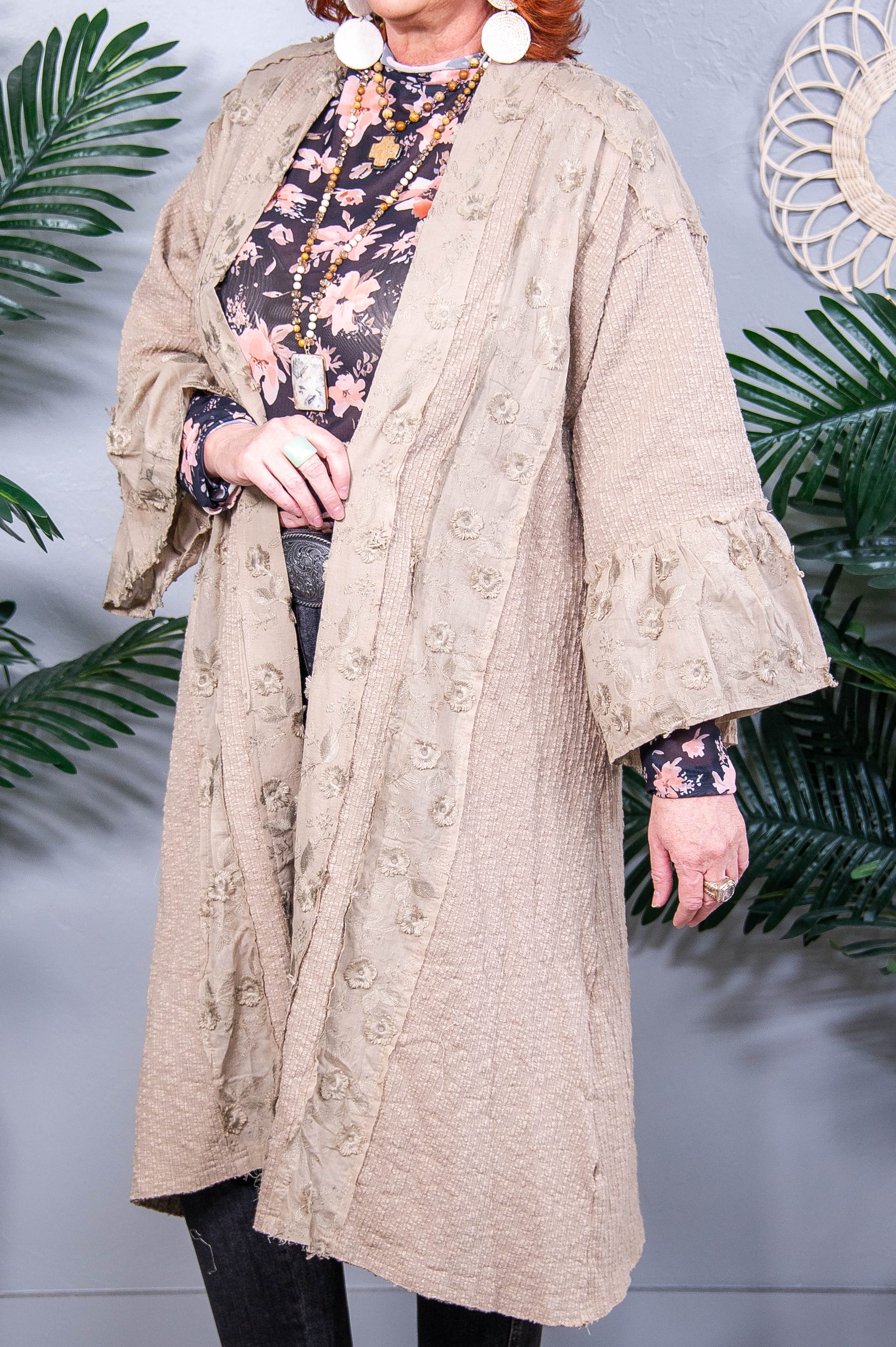 Lace Chic Flower khaki Lace Trim Open Front Longline Cardigan