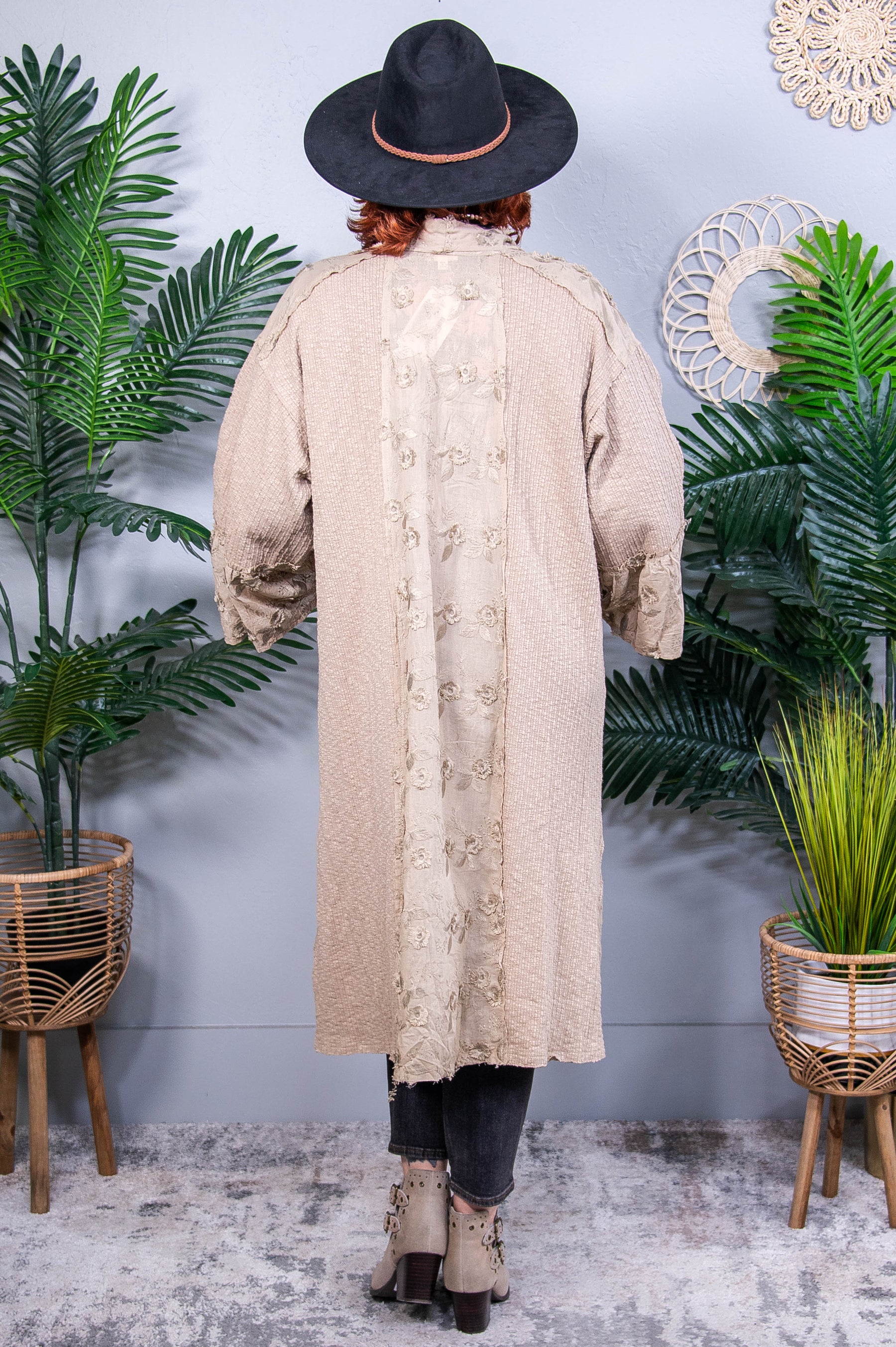 Lace Chic Flower khaki Lace Trim Open Front Longline Cardigan