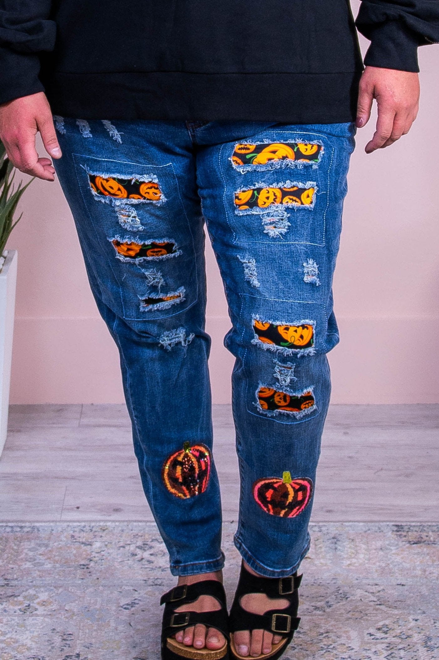 Maleficent Medium Denim Patch/Sequin Pumpkin Jeans - K1218BK