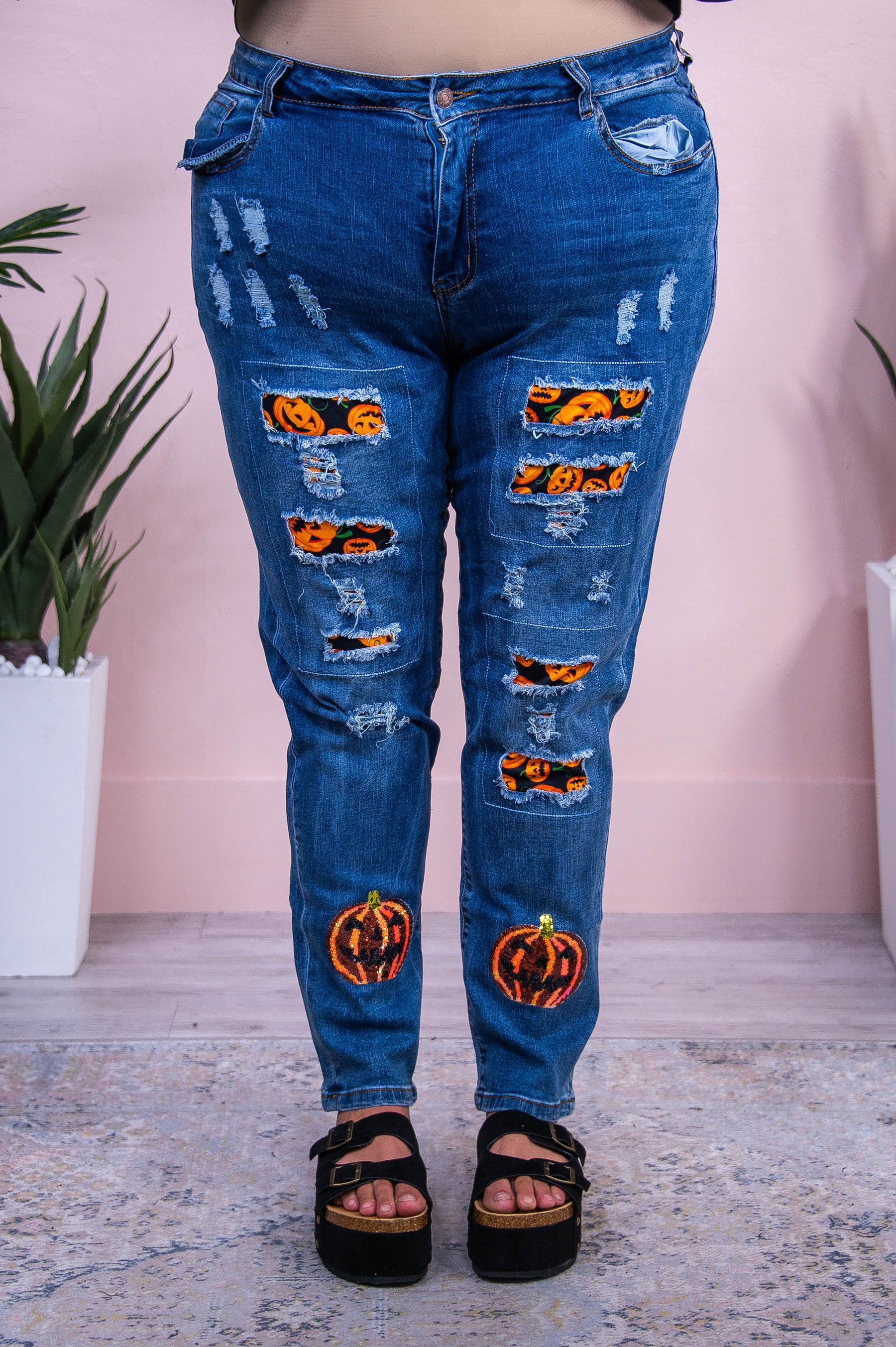 Maleficent Medium Denim Patch/Sequin Pumpkin Jeans - K1218BK