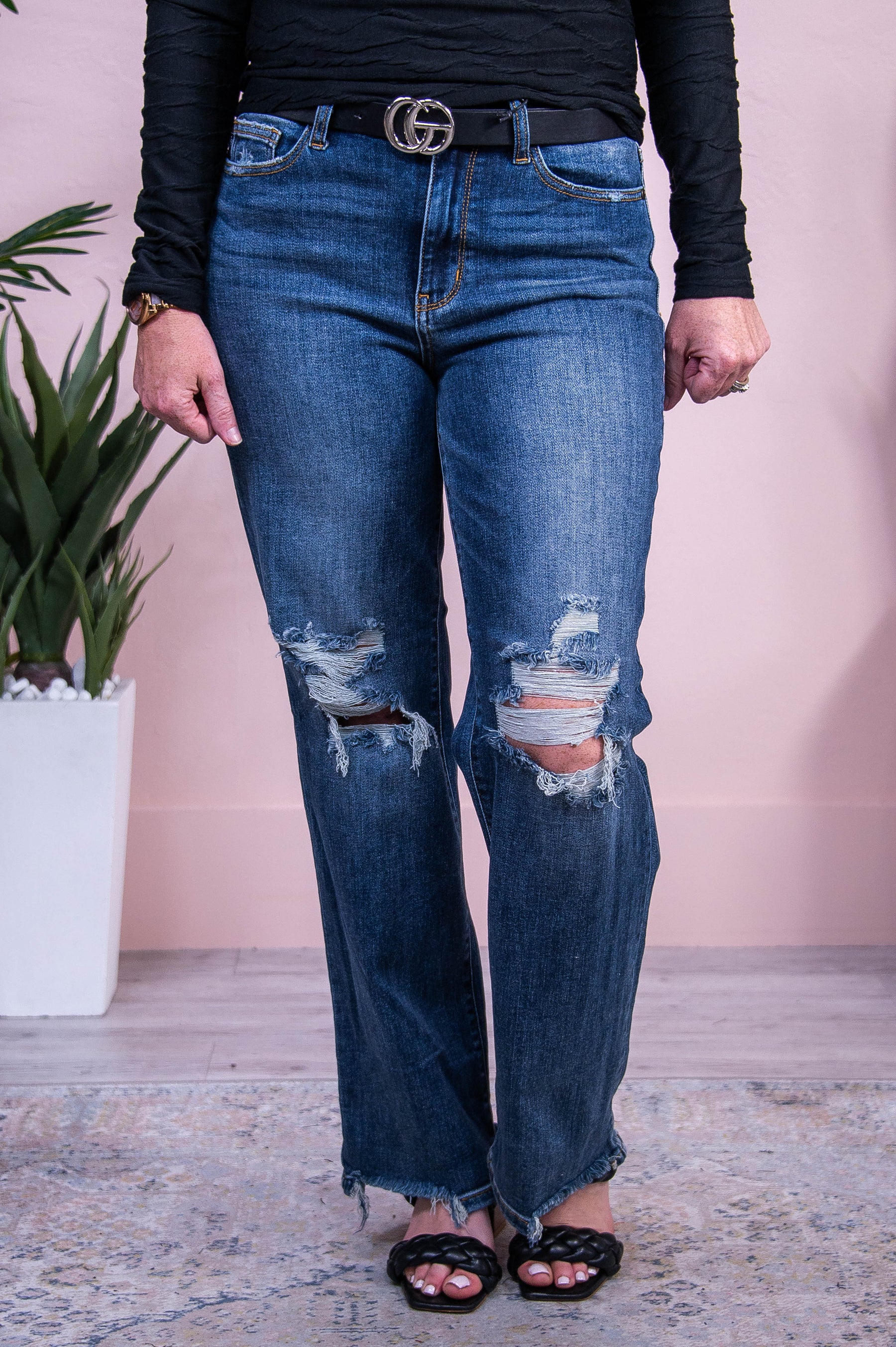 Morticia Dark Denim Distressed/Frayed Jeans - K1219DDN