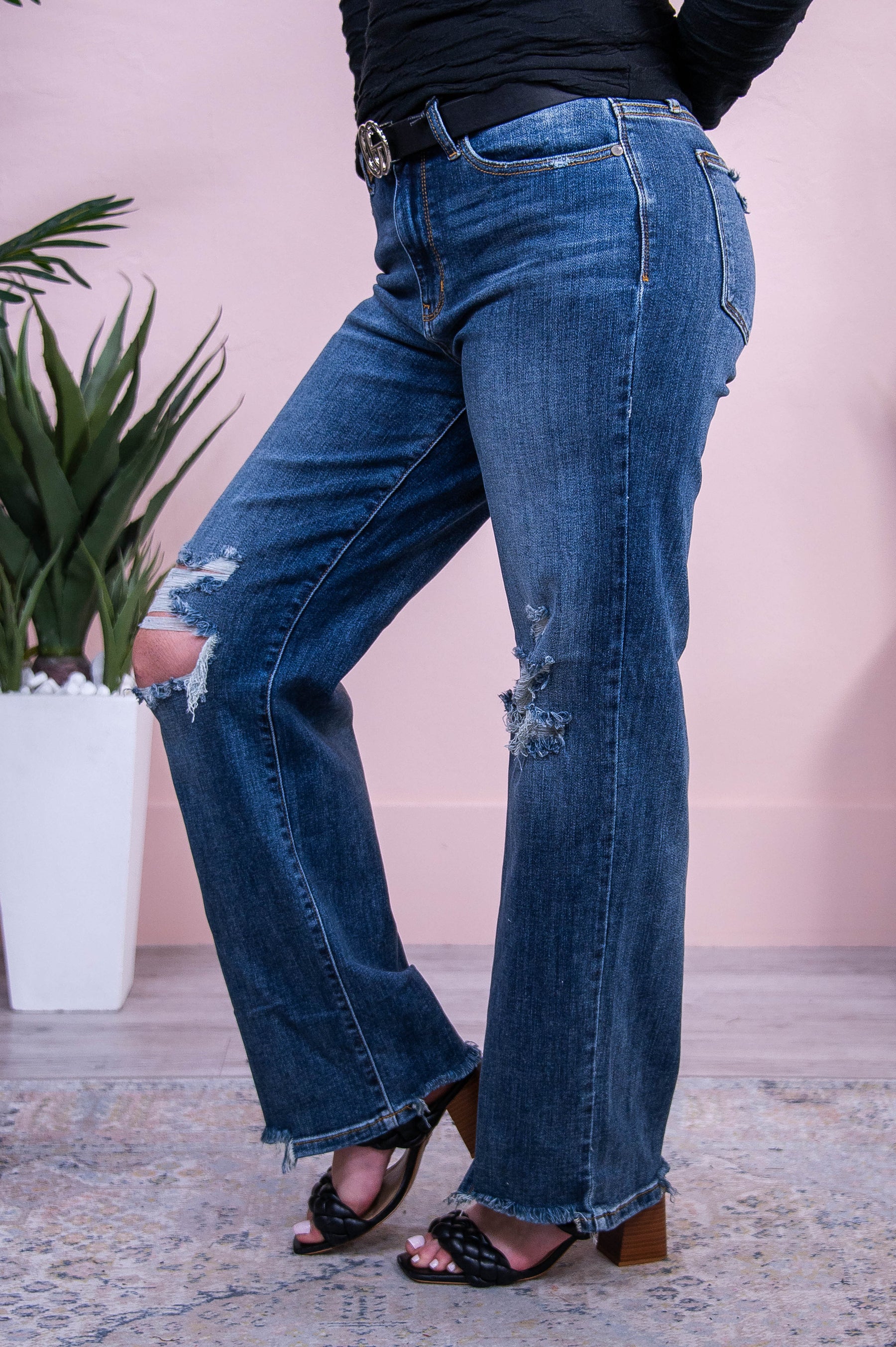 Morticia Dark Denim Distressed/Frayed Jeans - K1219DDN