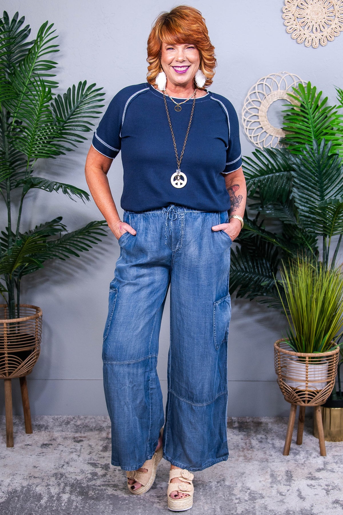 Crave The Comfort Washed Elastic Waist Cargo Wide Leg Pants