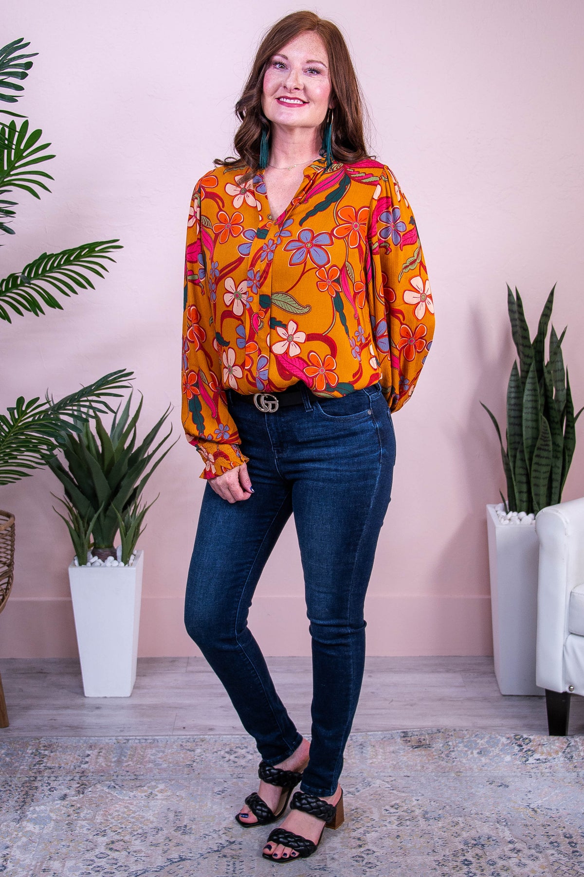 Style Statement Camel/Multi Color Floral Top - T10367CA