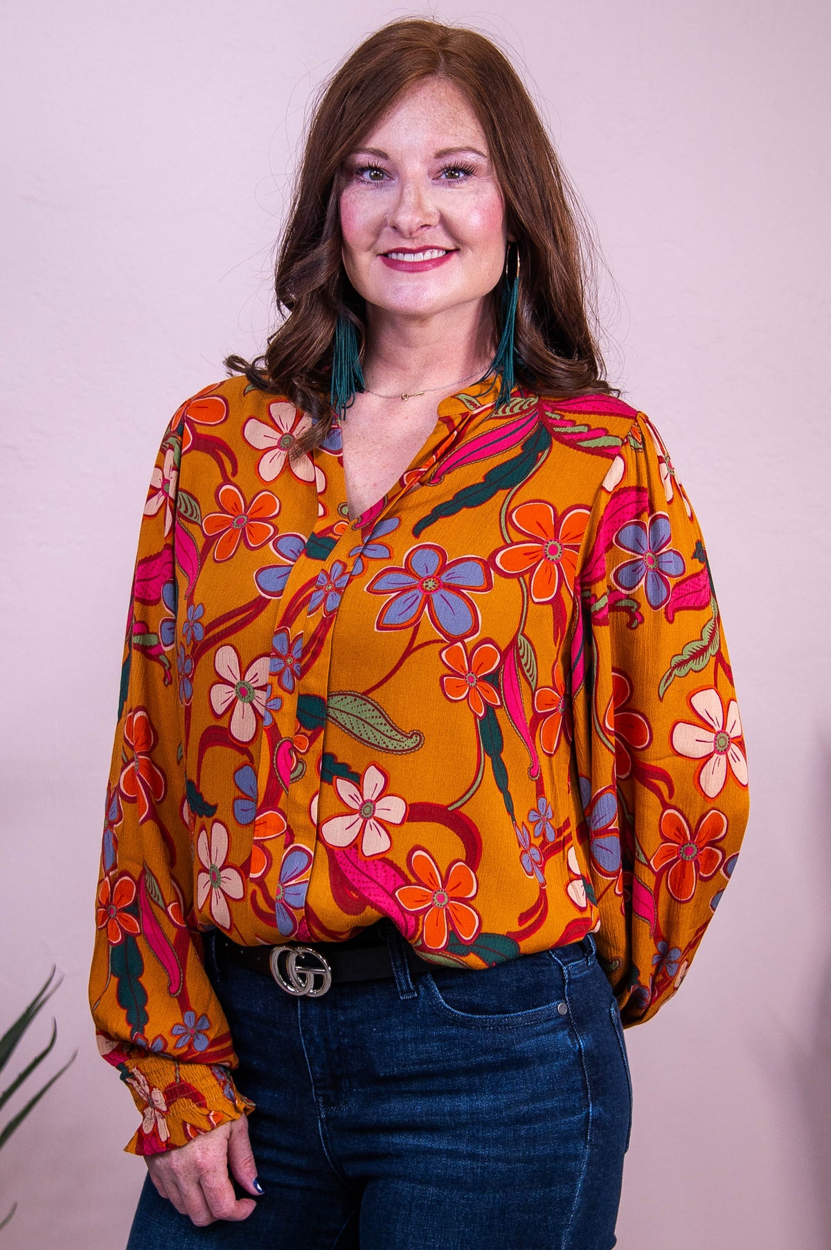 Style Statement Camel/Multi Color Floral Top - T10367CA