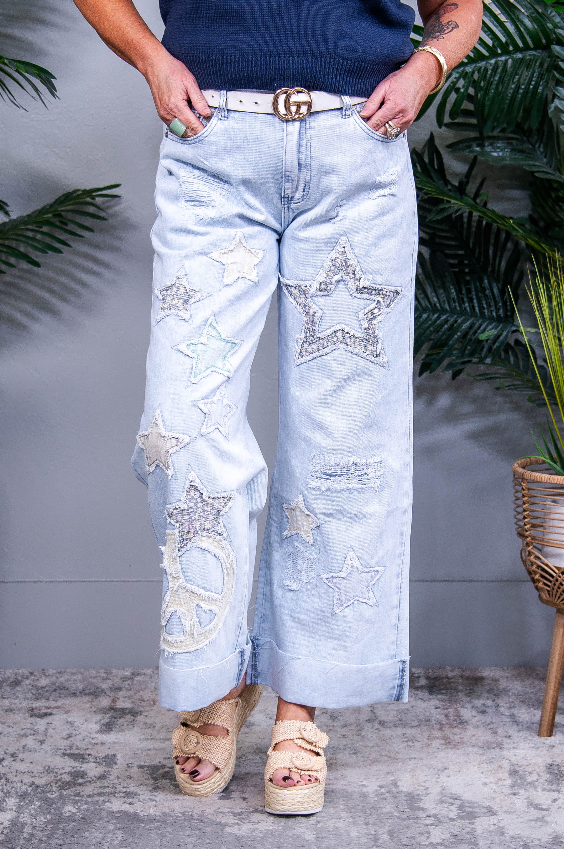 She's A Supernova Light Denim Star/Peace Sign Printed Jeans - K1281DN