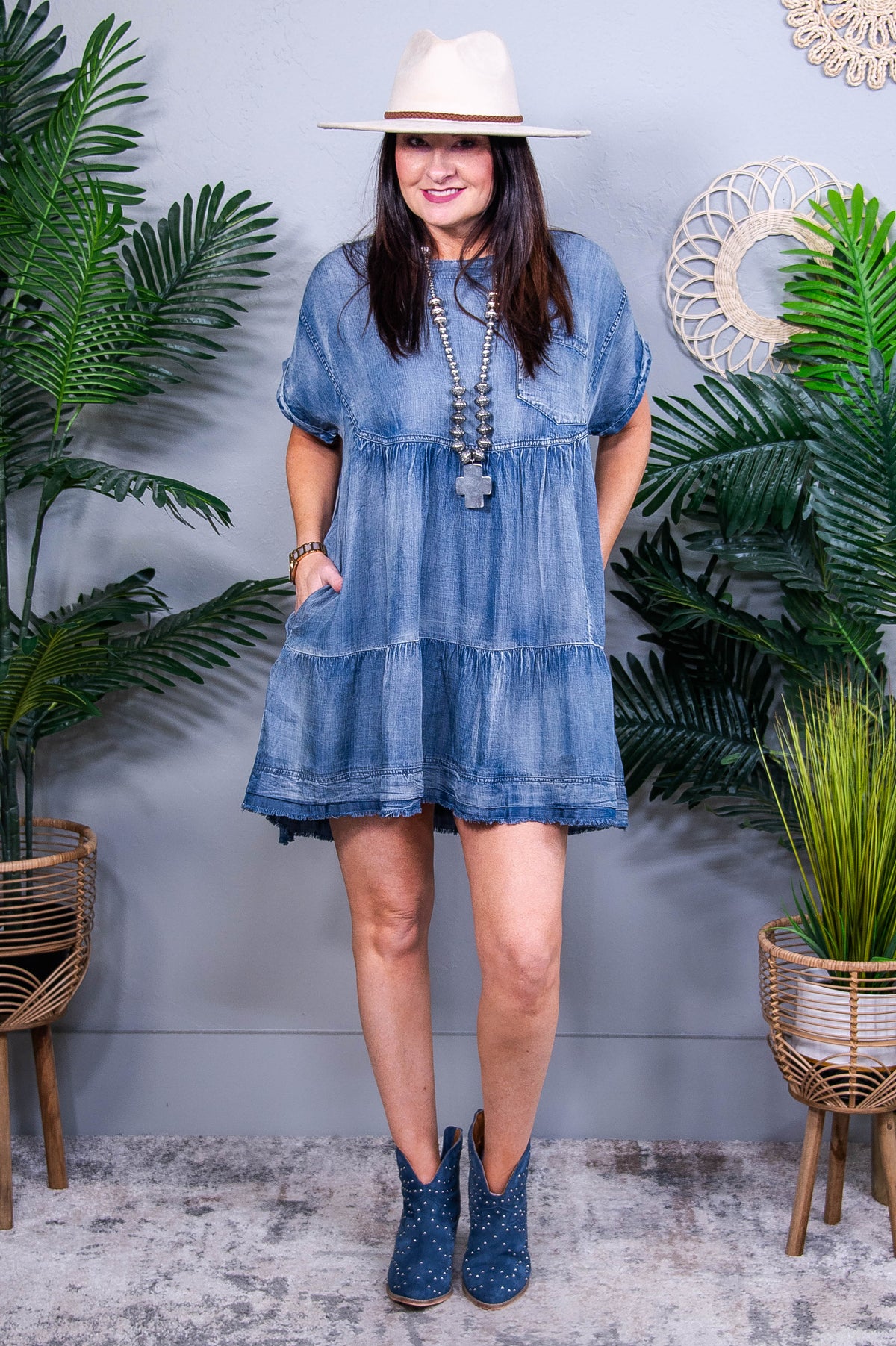 Denim Rush Washed Chambray Denim Oversized Tier Mini Dress