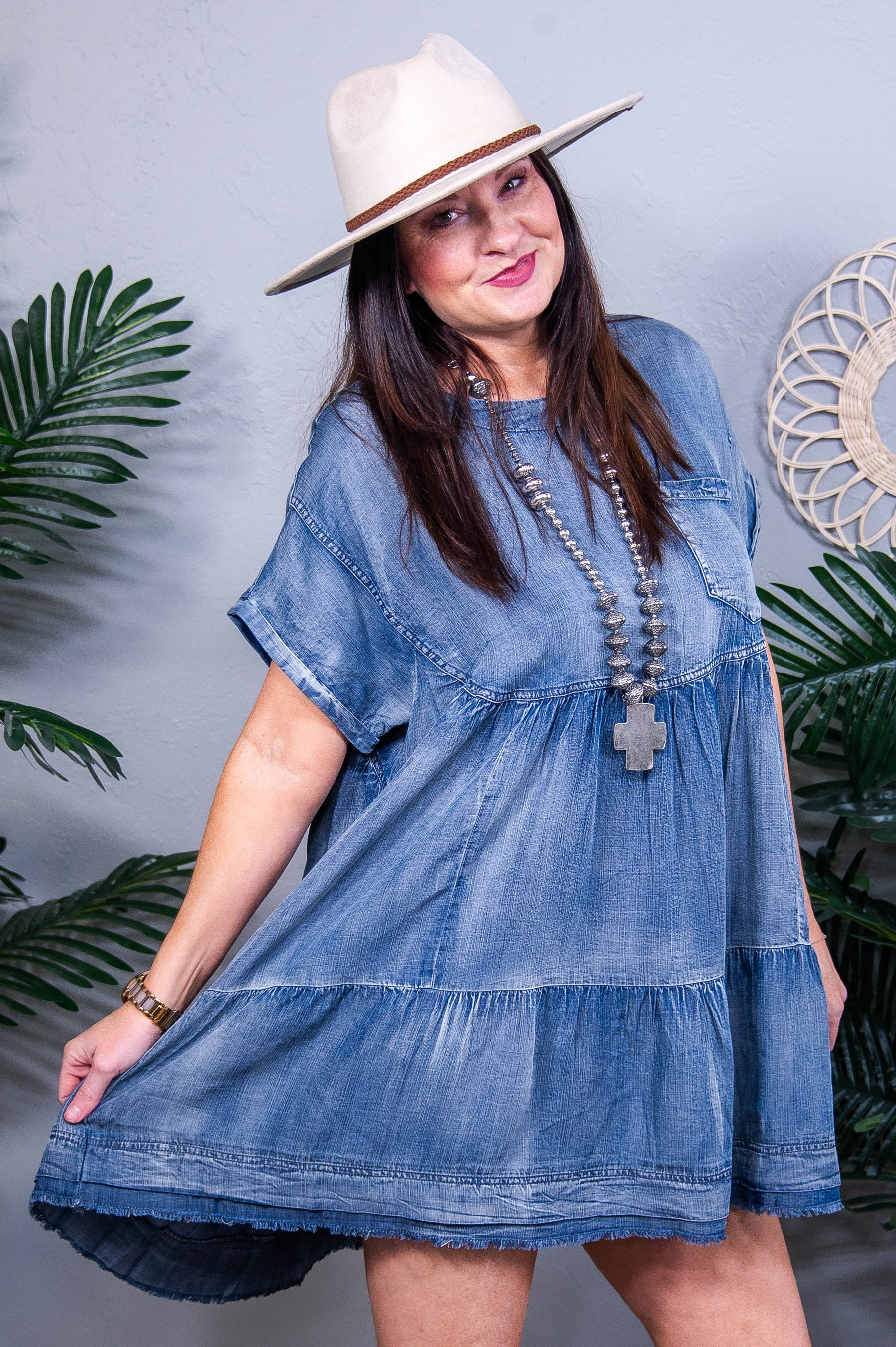 Denim Rush Washed Chambray Denim Oversized Tier Mini Dress