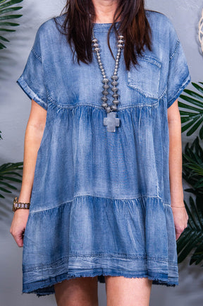 Denim Rush Washed Chambray Denim Oversized Tier Mini Dress