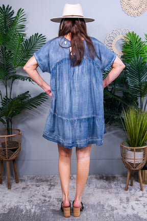 Denim Rush Washed Chambray Denim Oversized Tier Mini Dress