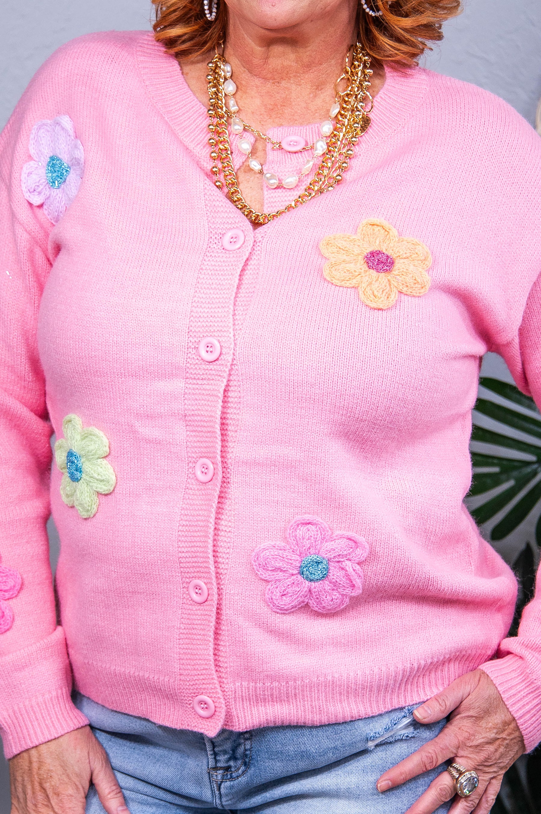 Living In A Floral Paradise Pink Cute Knitted Floral Cardigan - O5786PK
