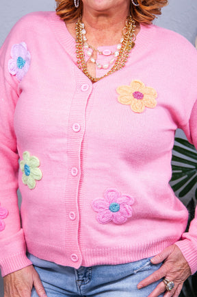 Living In A Floral Paradise Pink Cute Knitted Floral Cardigan