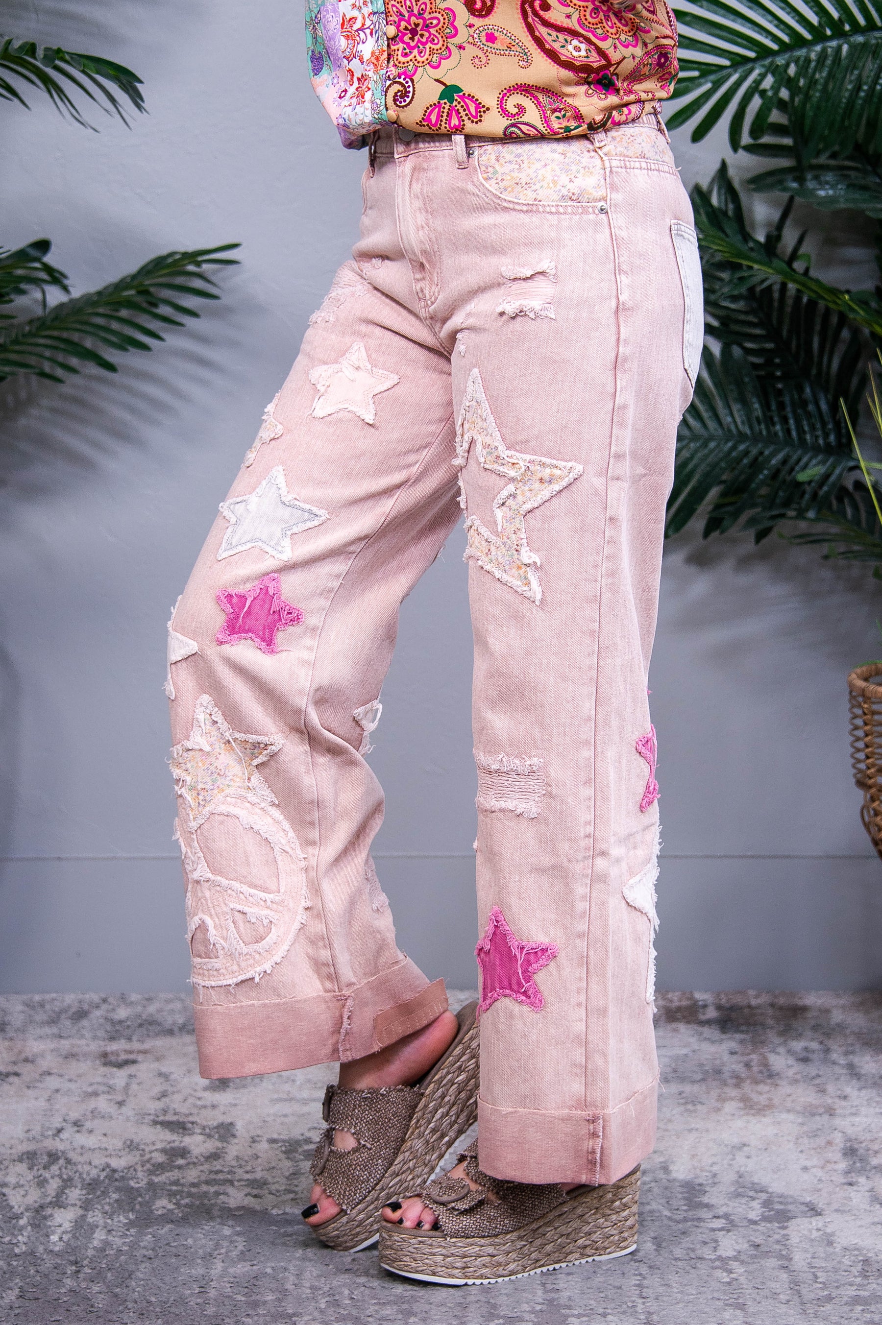 She's A Supernova Vintage Pink Star/Peace Sign Printed Jeans - K1282VPK