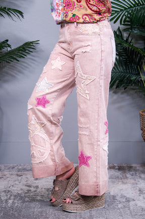 She's A Supernova Vintage Pink Star/Peace Sign Printed Jeans - K1282VPK