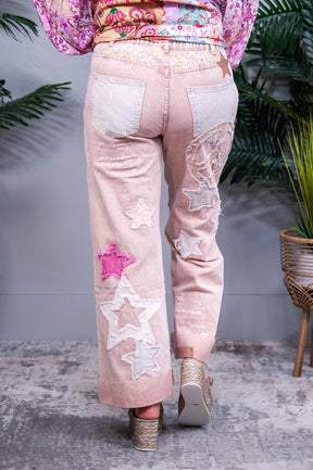 She's A Supernova Vintage Pink Star/Peace Sign Printed Jeans - K1282VPK