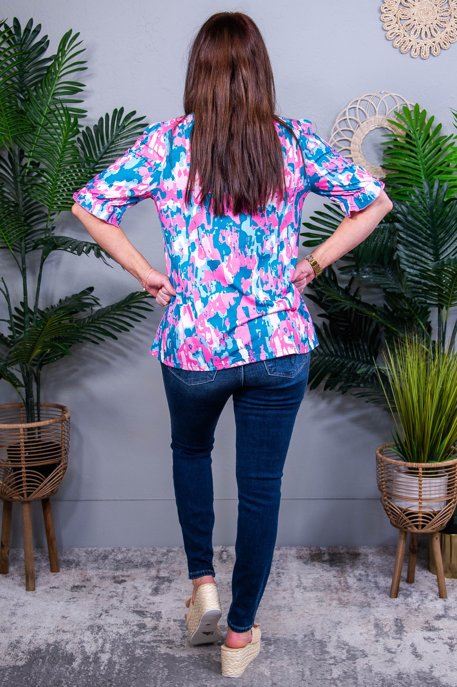 Loved By Many Teal/Pink Printed V Neck Top - T10883TE