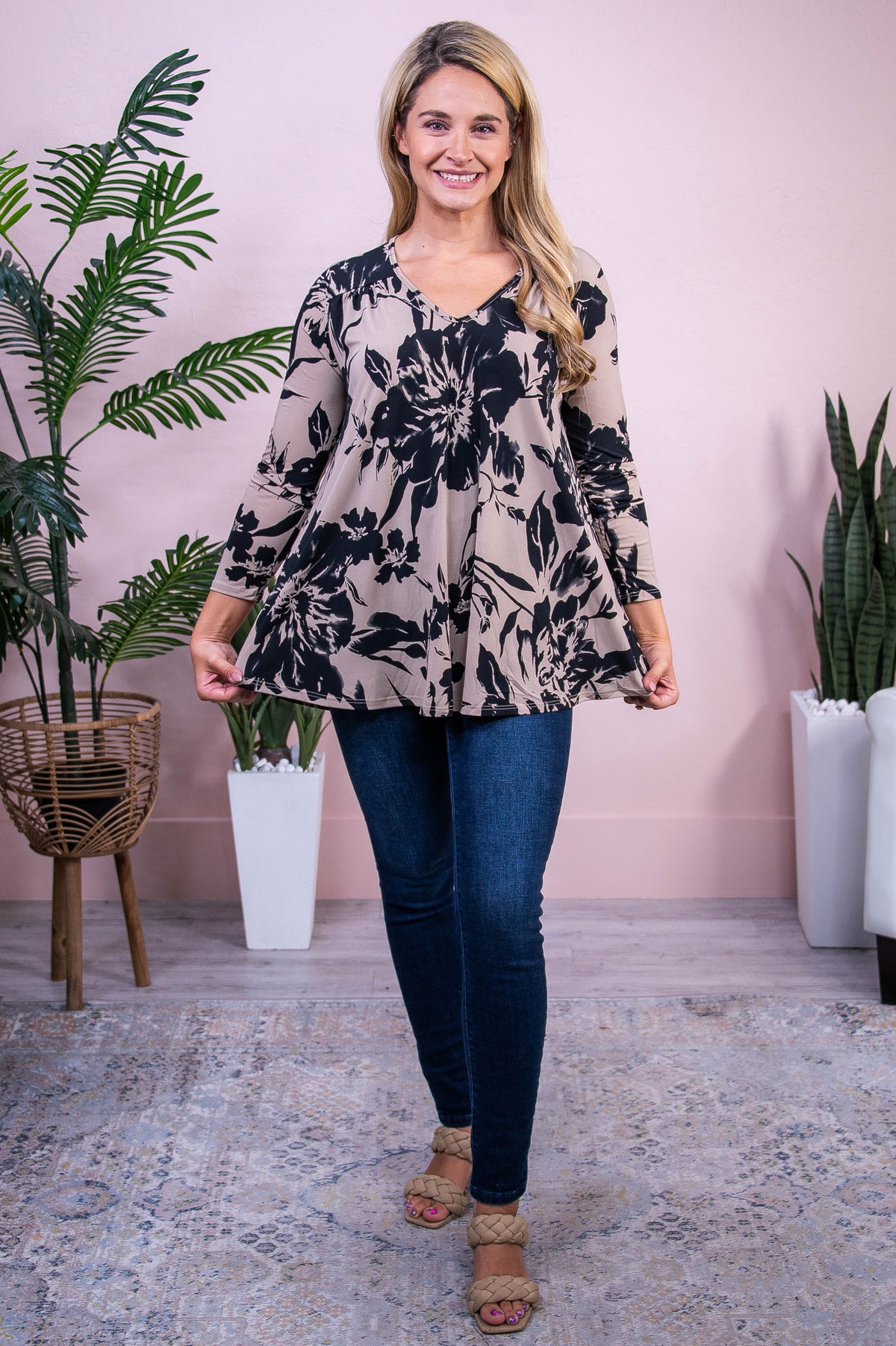 Dare To Indulge Taupe/Black Floral Top - T10372TA