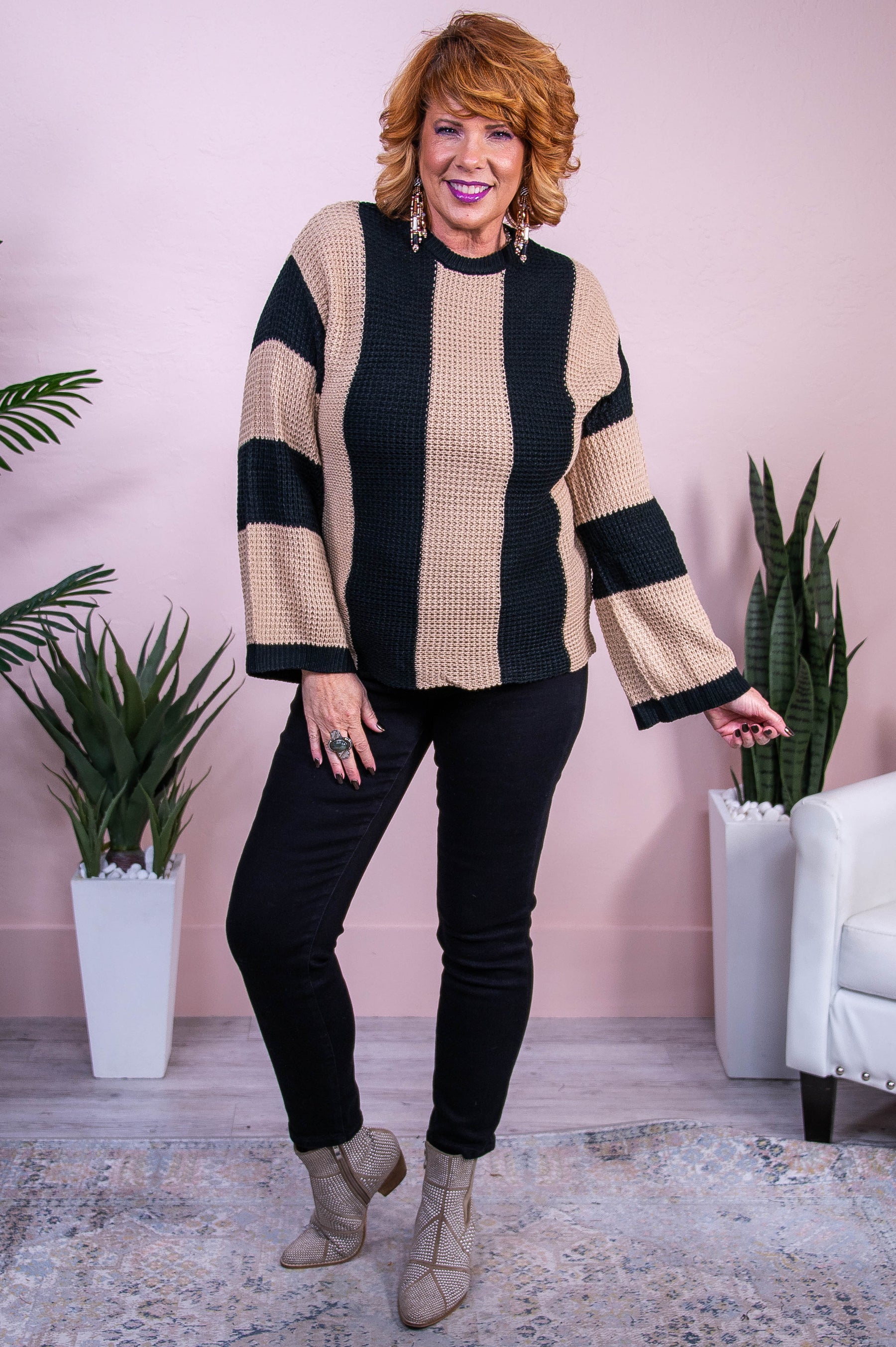 Campus Strolls Black/Tan Striped Knitted Sweater - T10386BK