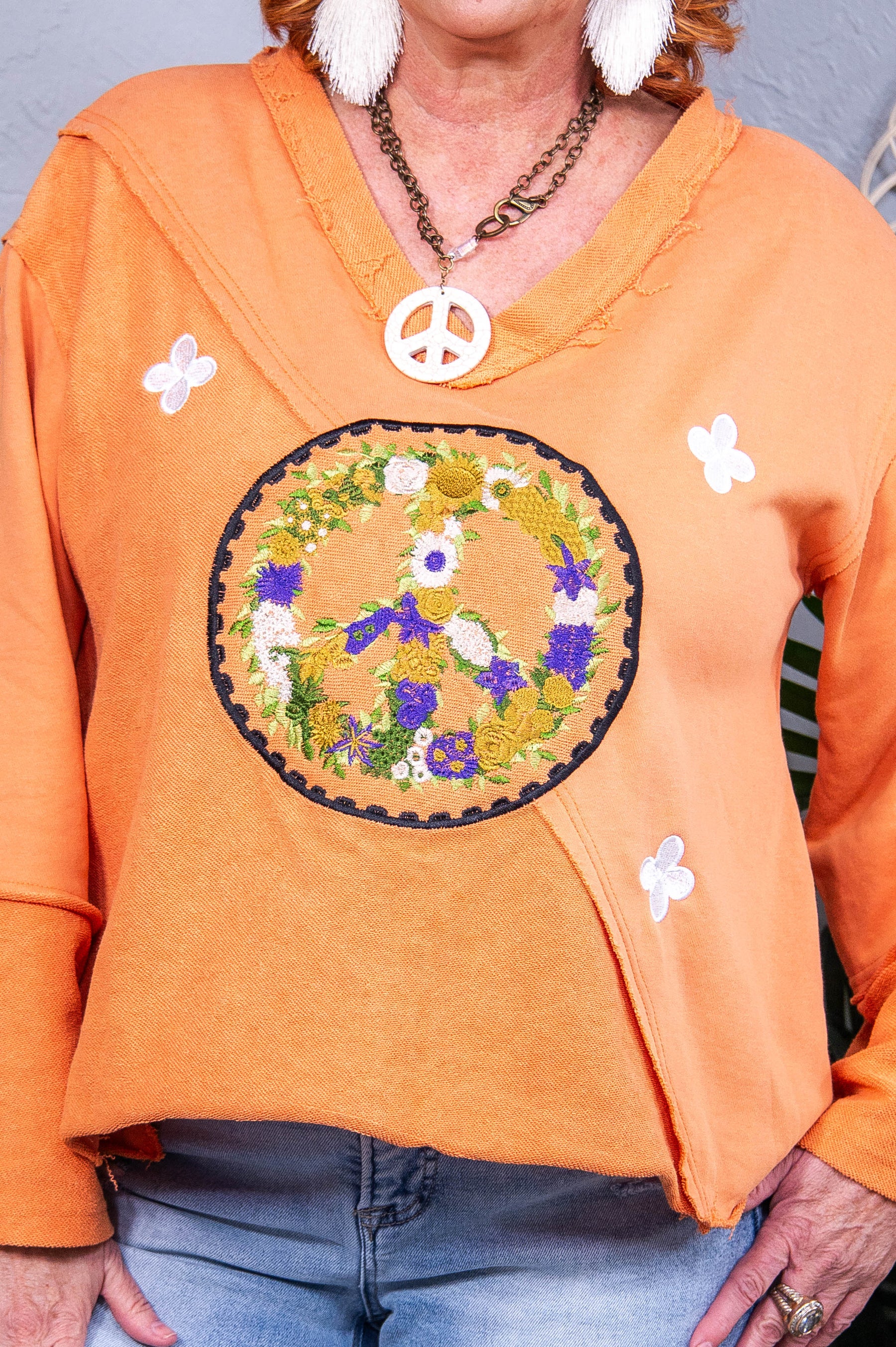 Peace Out Baby Sherbet Embroidered V-Neck Top