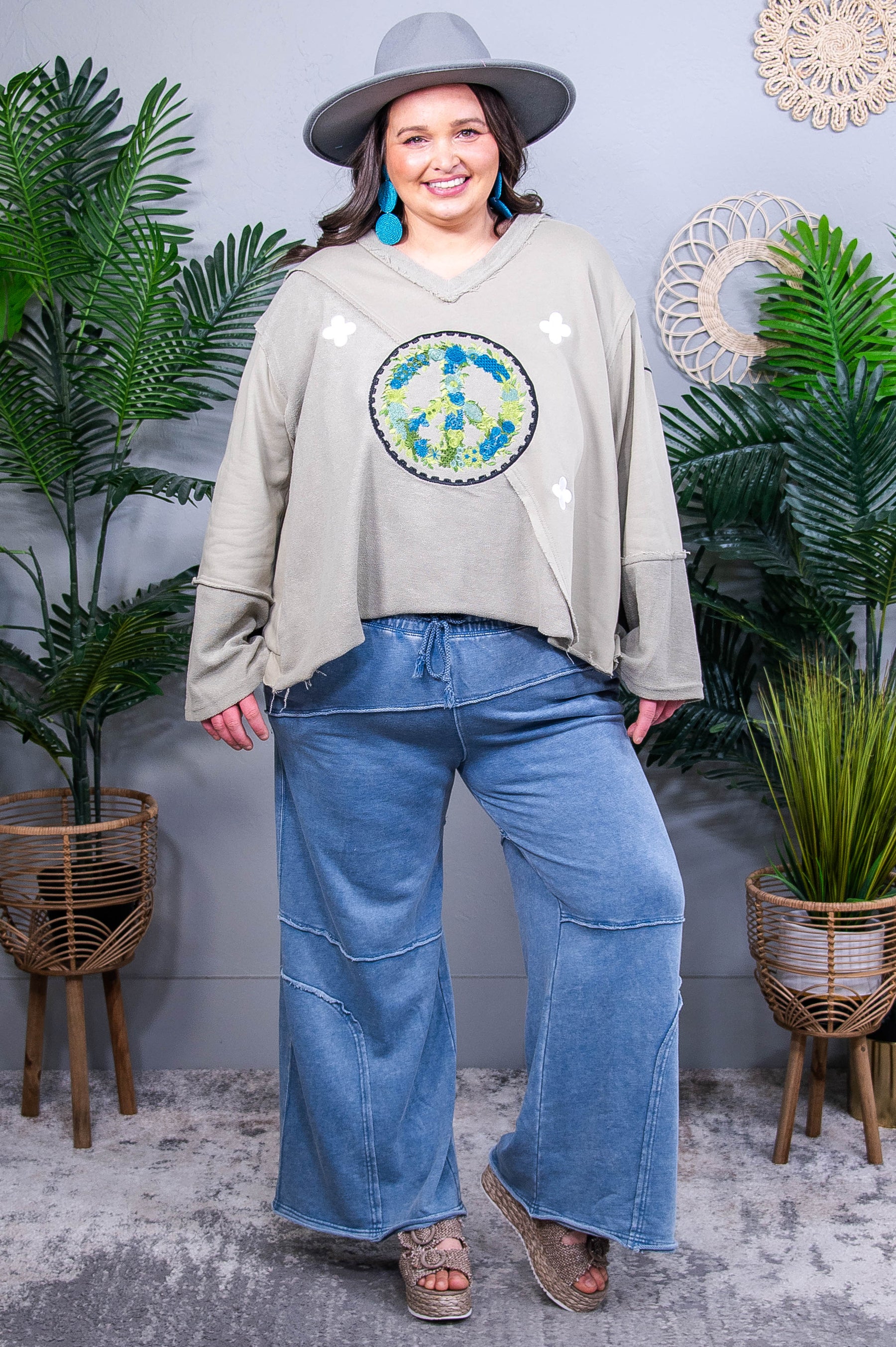 Peace Out Baby Wheat Grass Embroidered V-Neck Top