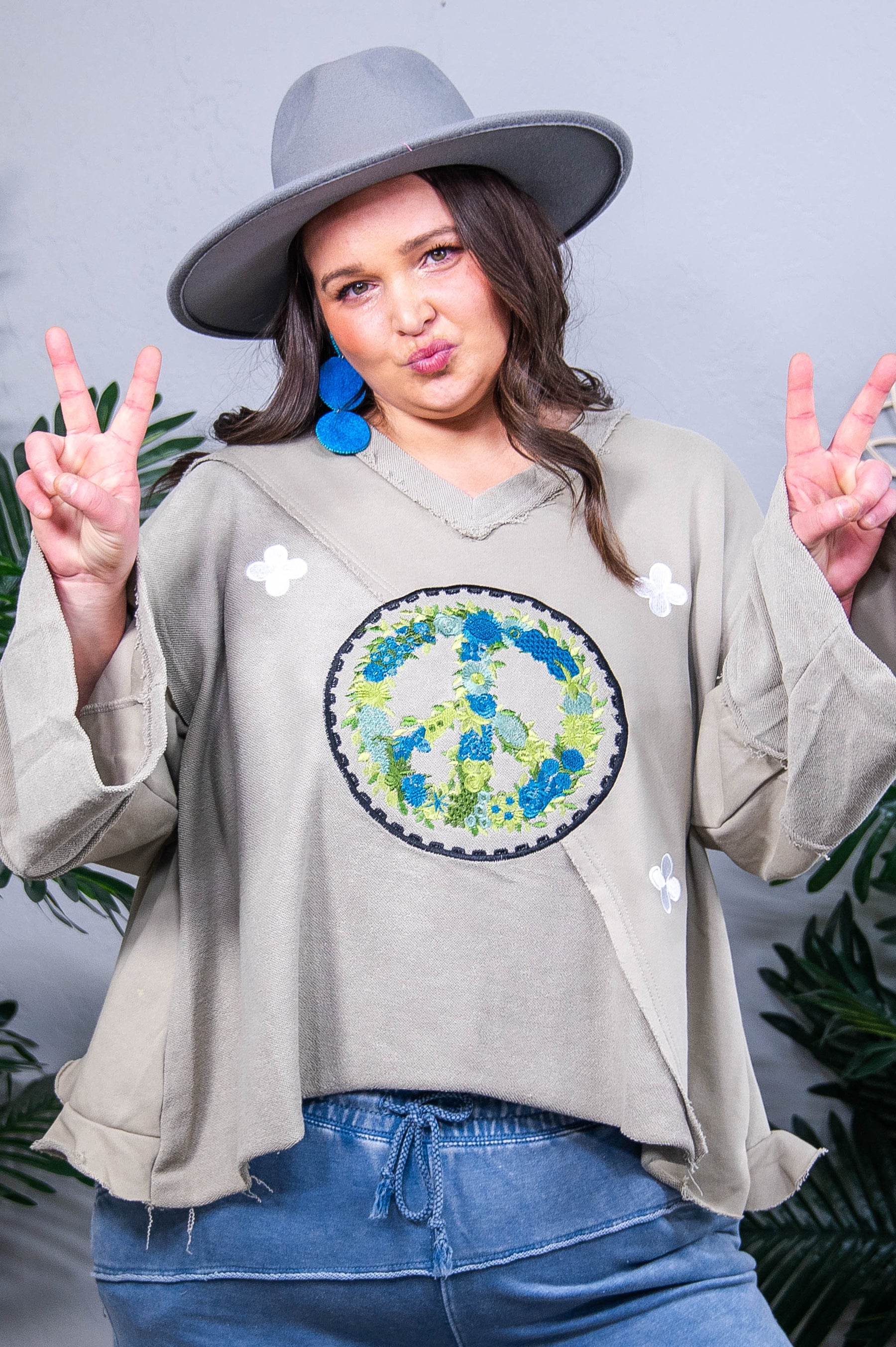 Peace Out Baby Wheat Grass Embroidered V-Neck Top