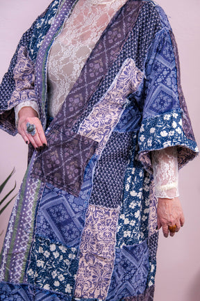 Cozy Hugs & Warm Mugs Blue/Multi Color/Pattern Frayed Patchwork Kimono - O5555BL