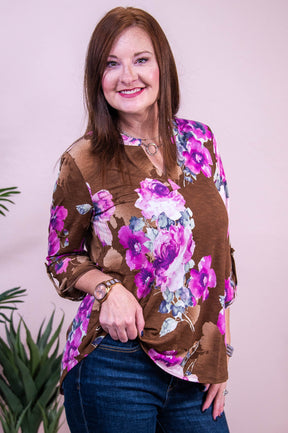 Urban Elegance Mocha/Purple Floral Top - T10399MO