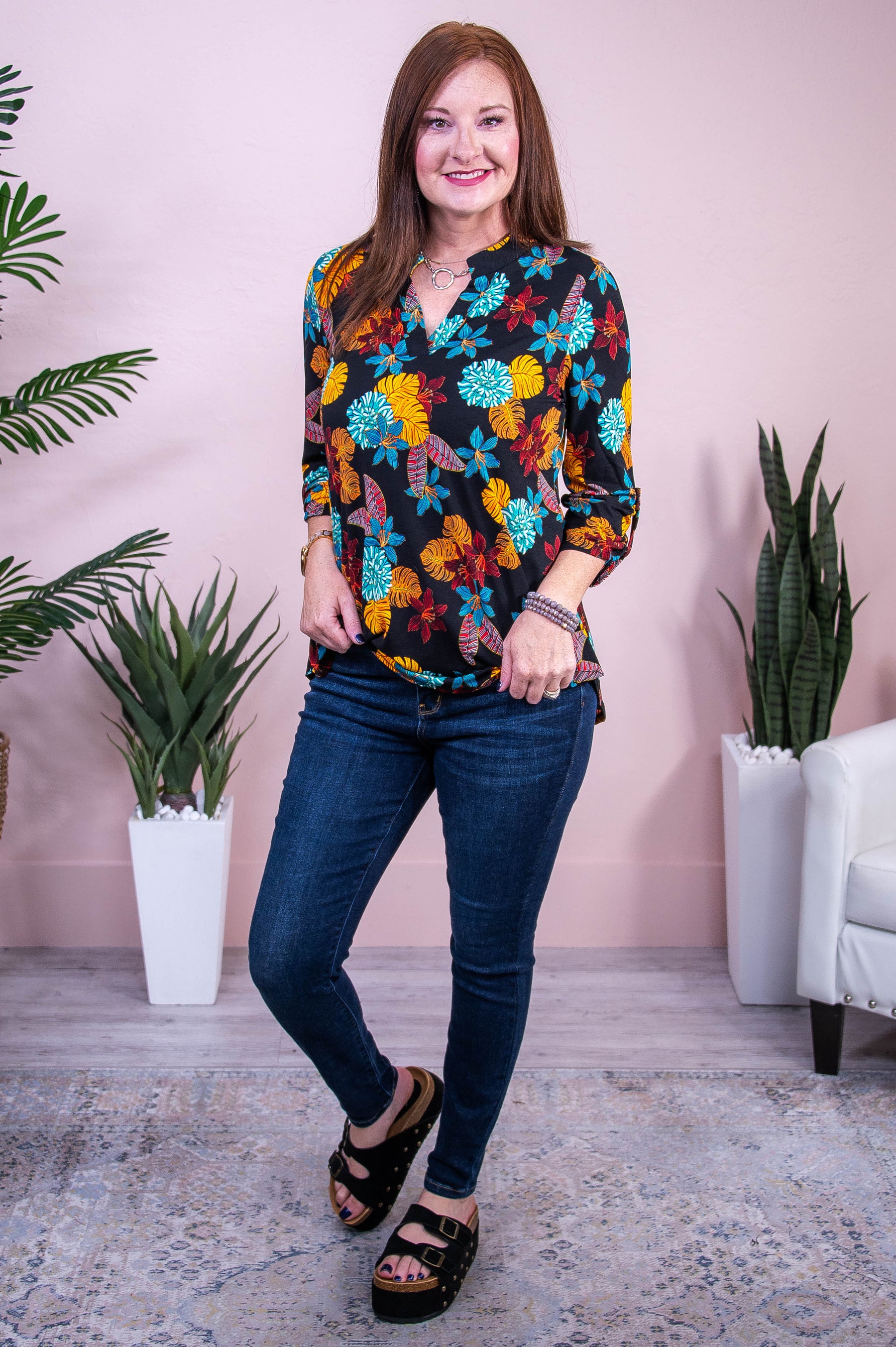 Graceful Glimpse Black/Multi Color Floral Top - T10400BK