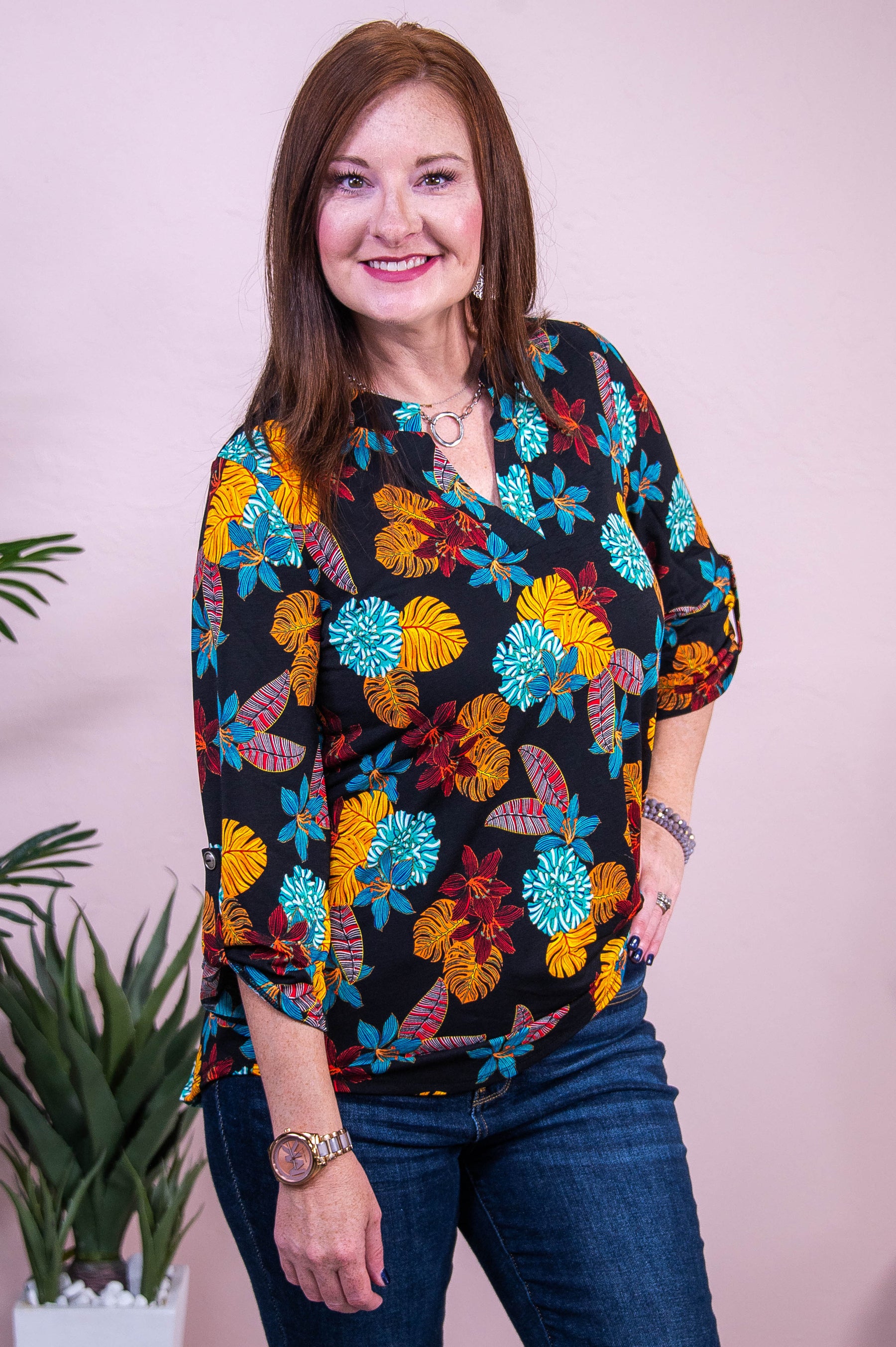 Graceful Glimpse Black/Multi Color Floral Top - T10400BK