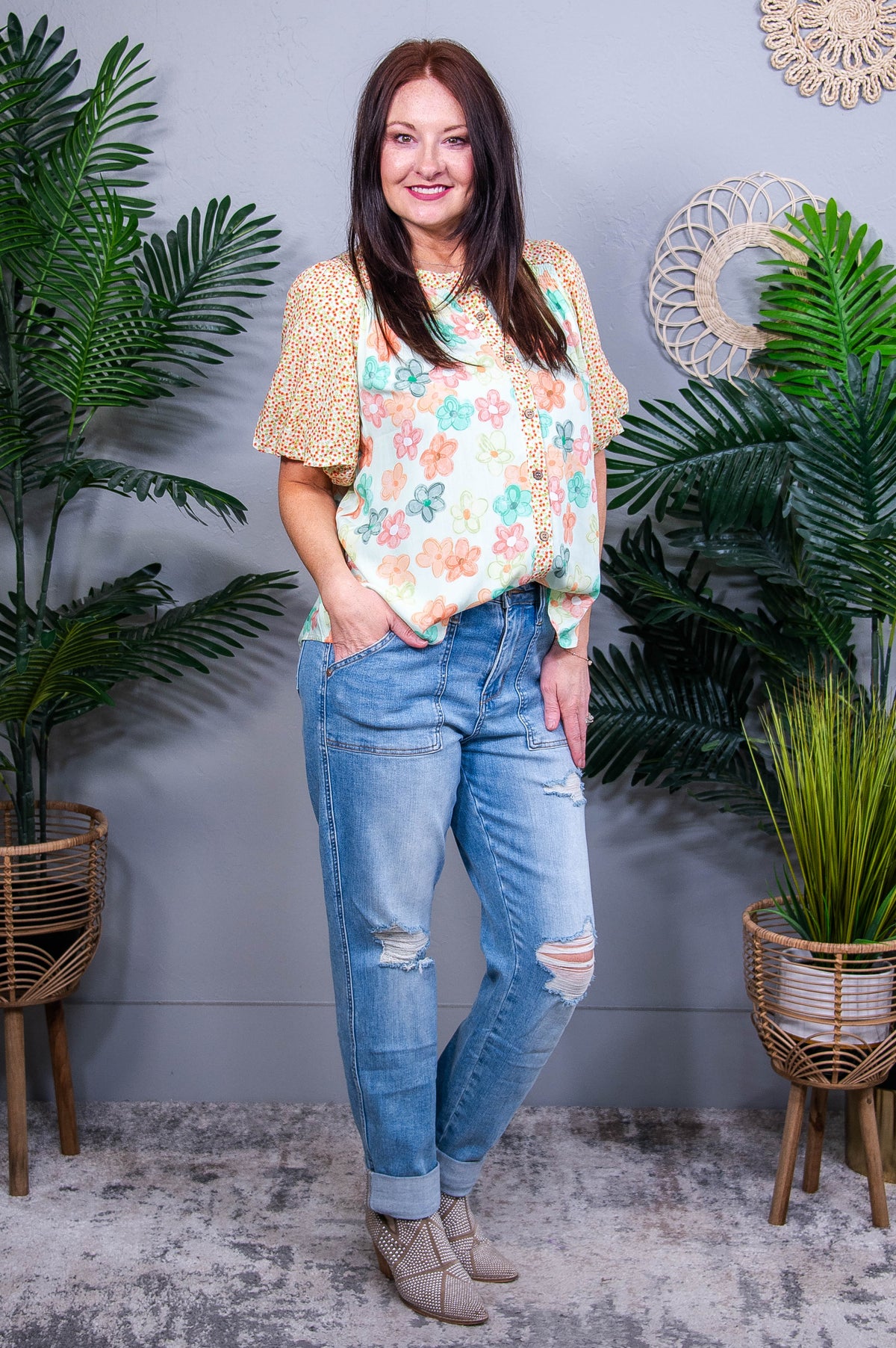 Born To Blossom Button Down Bubble Sleeve Top