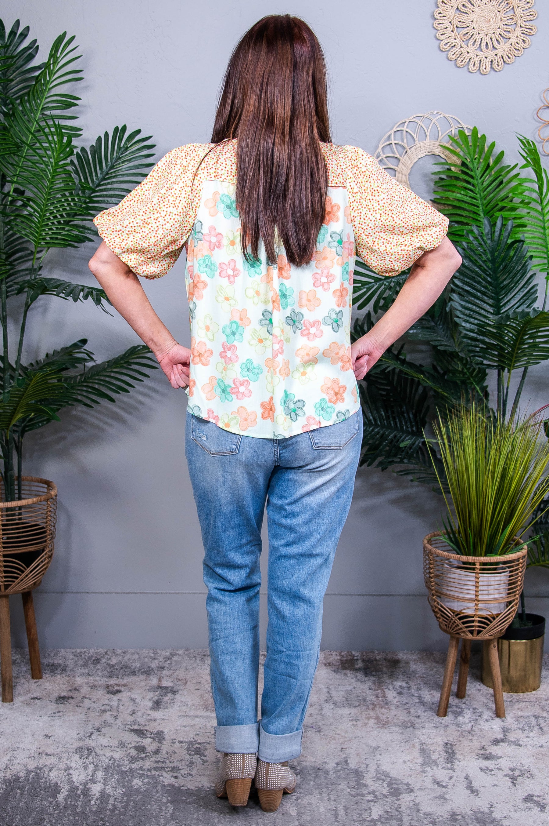 Born To Blossom Button Down Bubble Sleeve Top